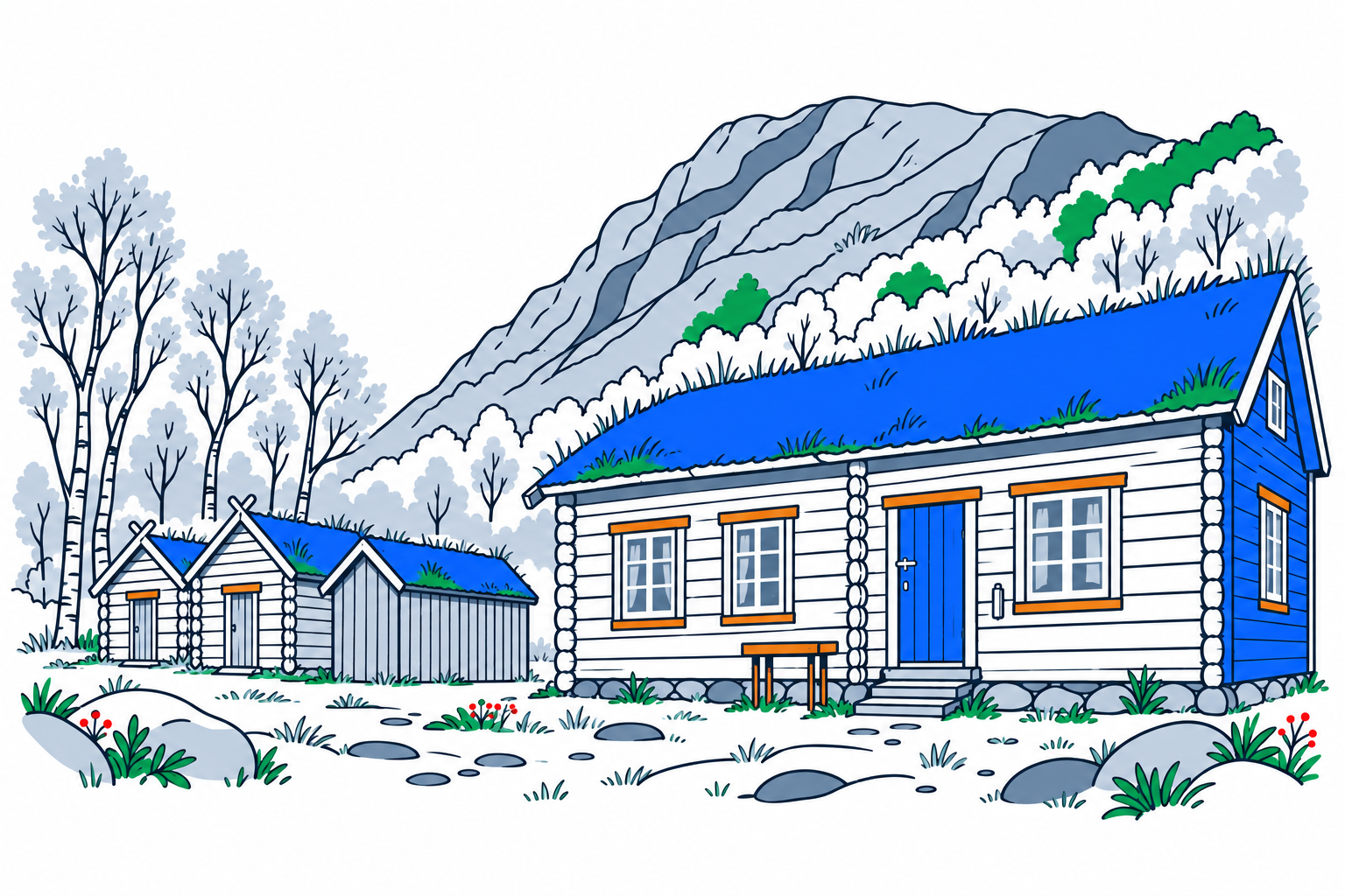 SamfunnPrep illustration of the timber and turf-roofed buildings at Holmenes sjøsamiske gård in the Birtavarre valley.