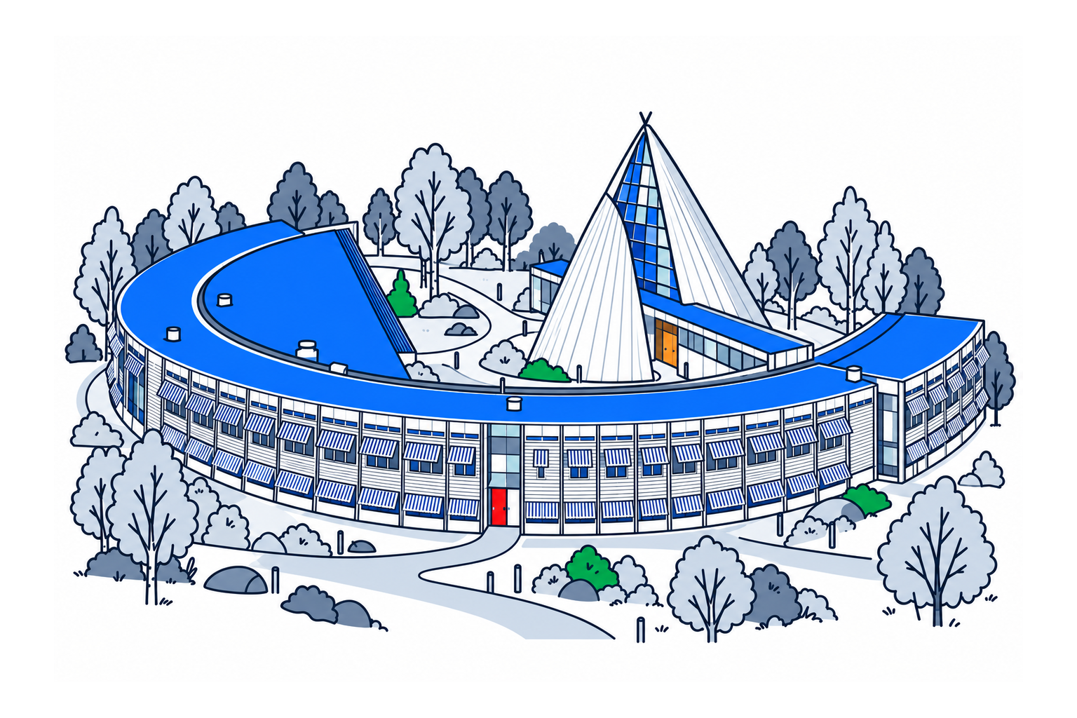 SamfunnPrep illustration of Sametingsbygningen, with its curved larch-clad wing and lavvu-shaped parliamentary chamber in Karasjok.
