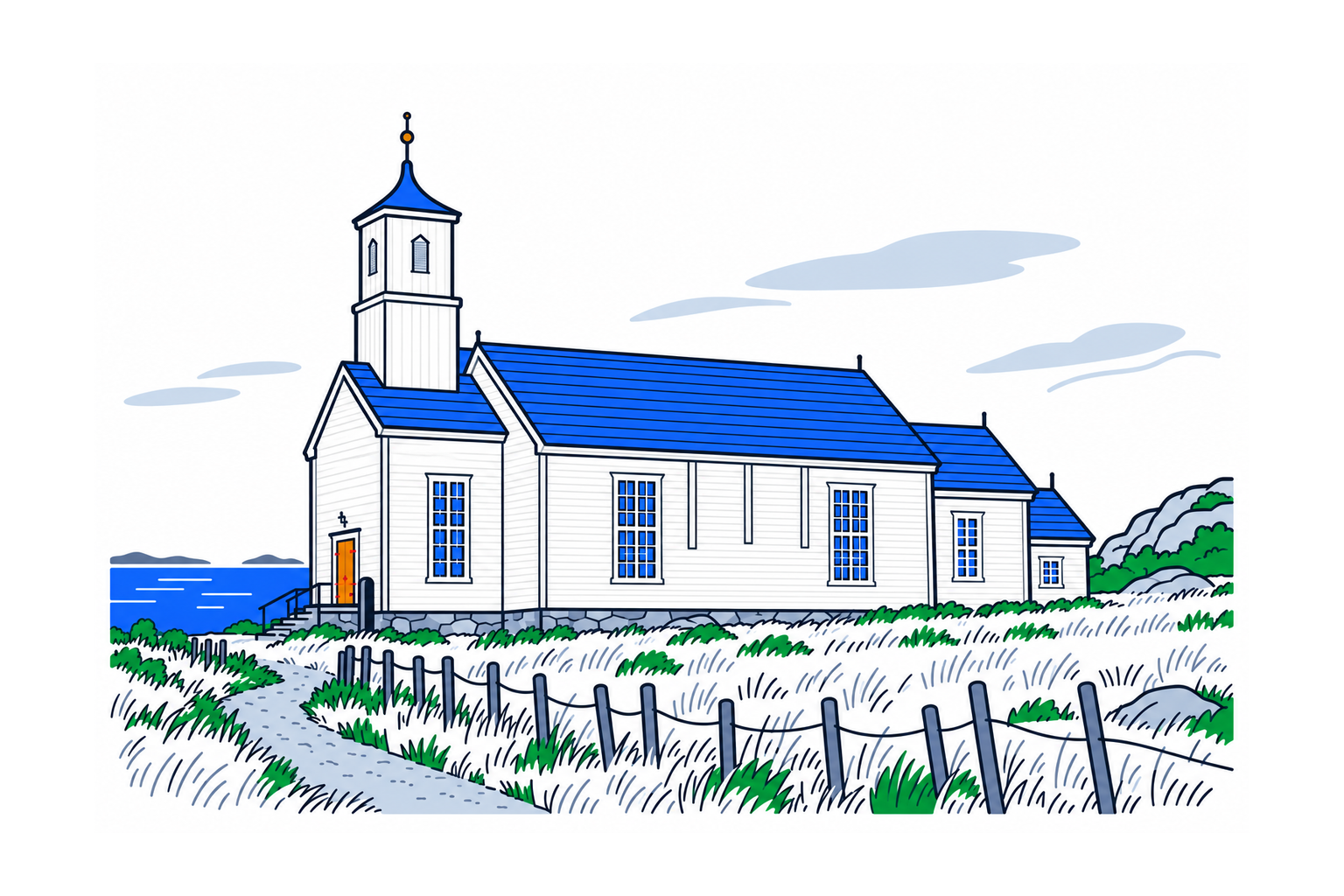 SamfunnPrep illustration of the long white timber Karlsøy kirke and its west-facing tower on Karlsøya.