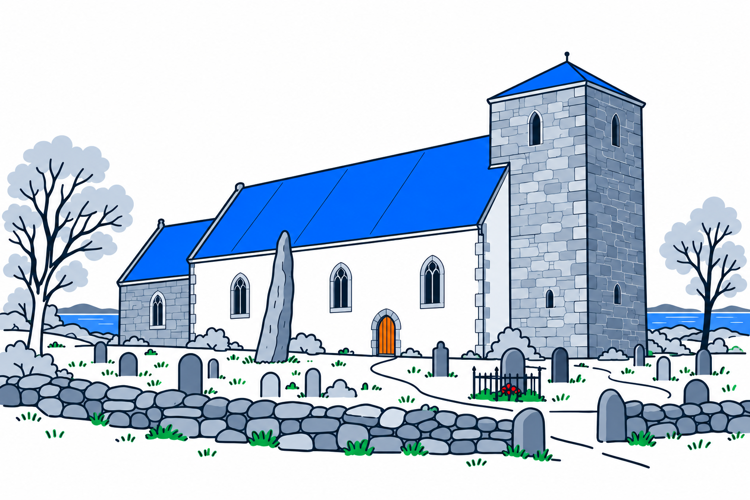SamfunnPrep illustration of Avaldsnes kirke on Karmøy, showing the square stone tower, white nave and tall standing stone beside the churchyard.