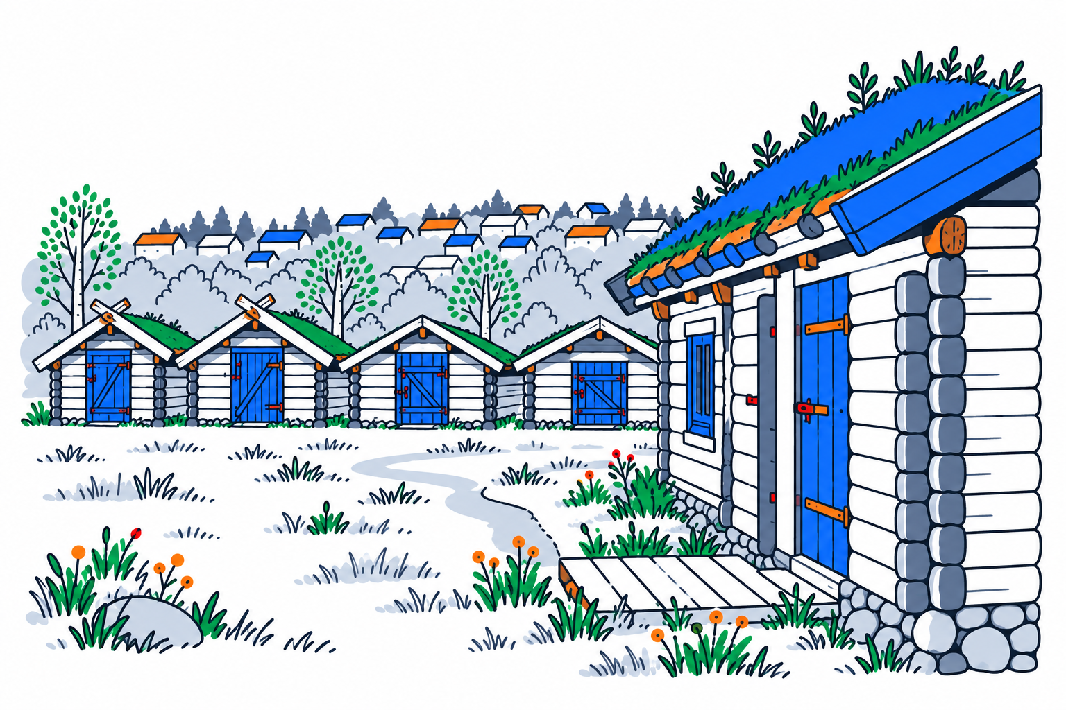 SamfunnPrep illustration of low log storehouses, turf roofs and a grassy museum yard at Kautokeino bygdetun.
