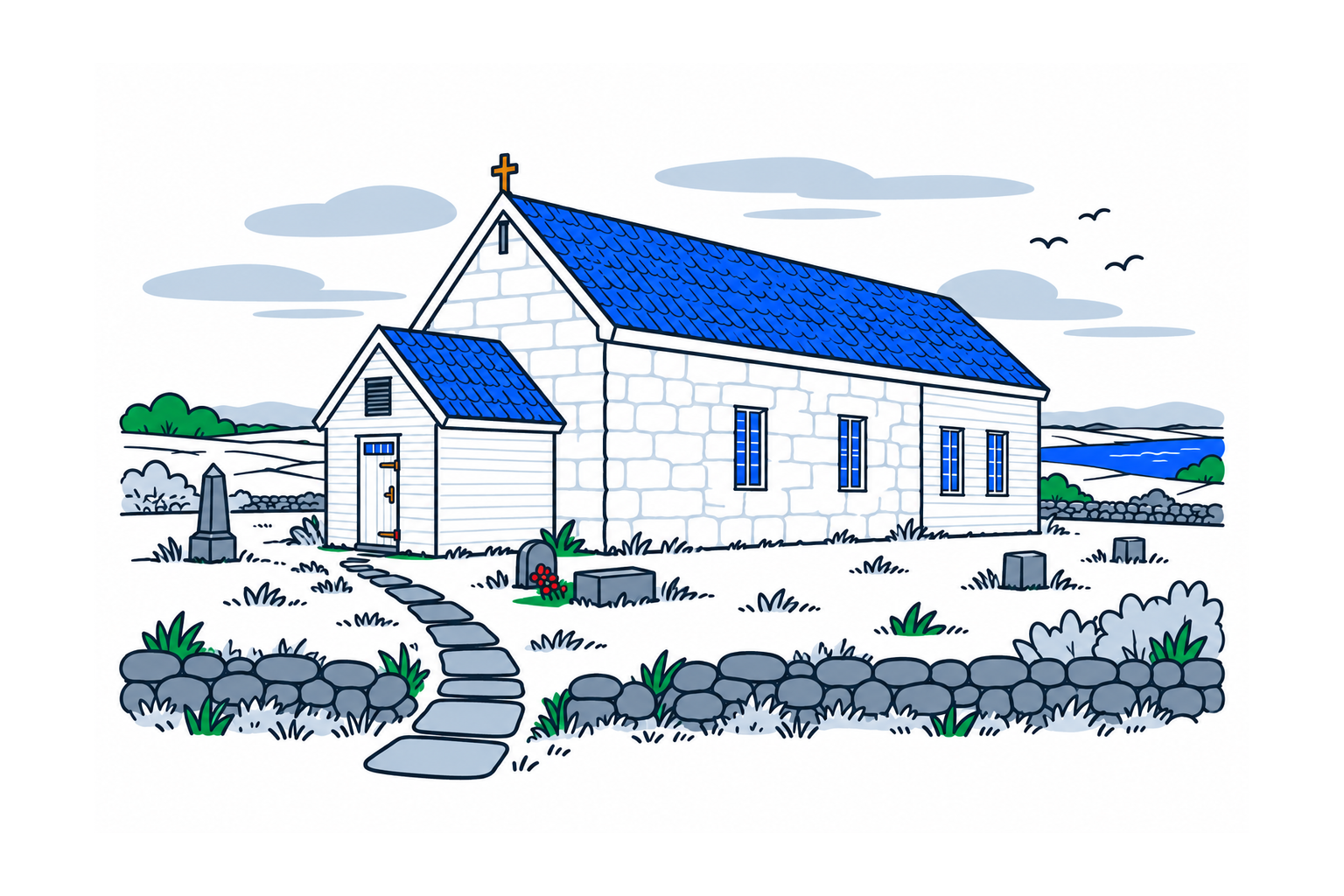 SamfunnPrep illustration of Orre gamle kyrkje in Klepp, showing the small masonry church, tiled roof and timber entrance porch.
