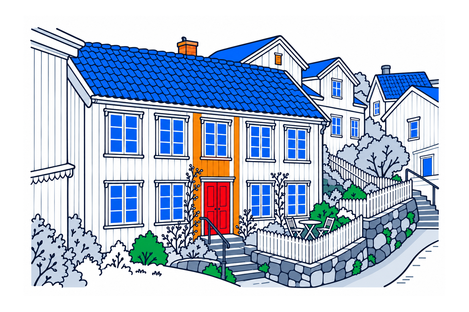 SamfunnPrep illustration: Kittelsenhuset, Kragerø. A small historic house in the old town streets.