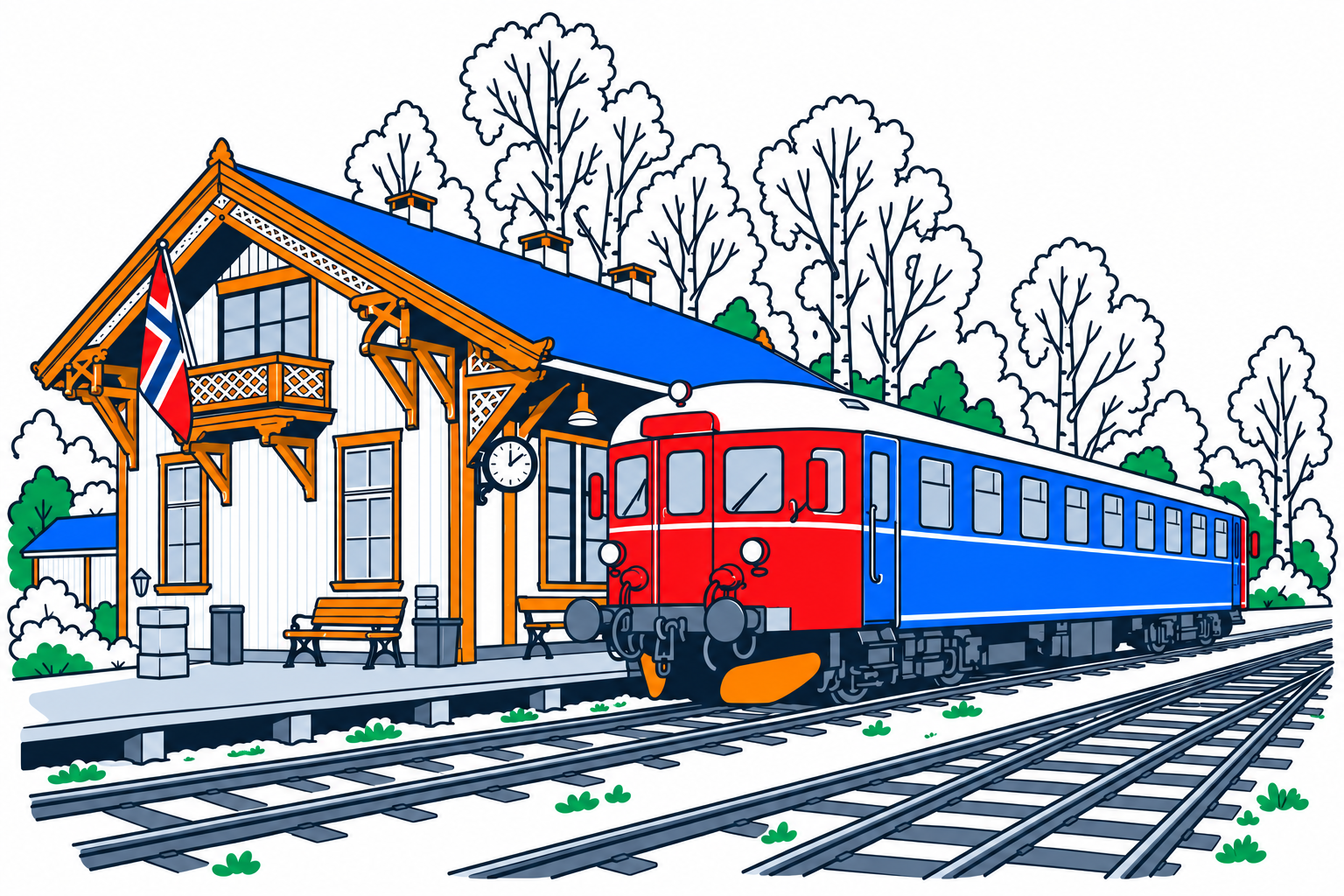SamfunnPrep illustration: Krøderbanen, Krødsherad. The historic railway station and steam-era railway environment.