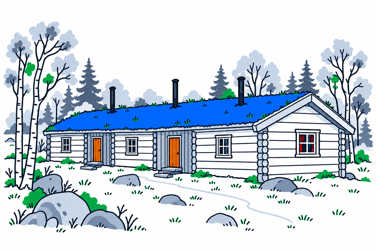 SamfunnPrep illustration of the three joined log cabins and continuous turf roof at Dalstuene in Kvænangen.