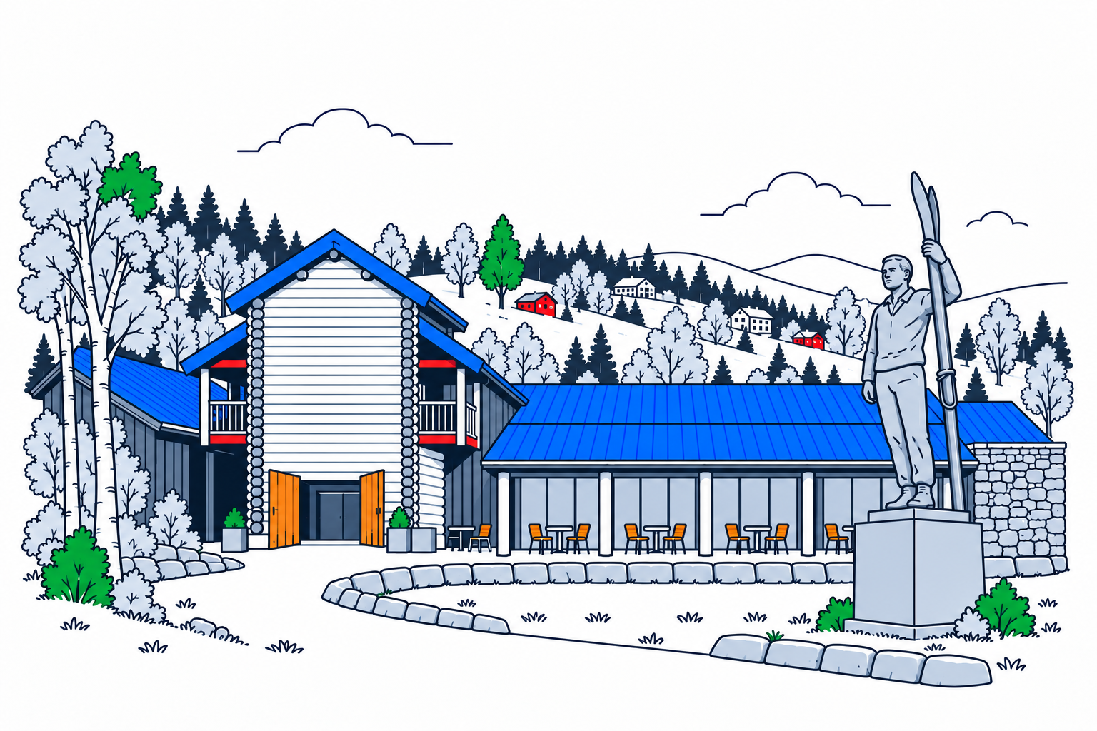 SamfunnPrep illustration: Norsk Skieventyr, Kviteseid. The ski museum beside an outdoor park in Morgedal.
