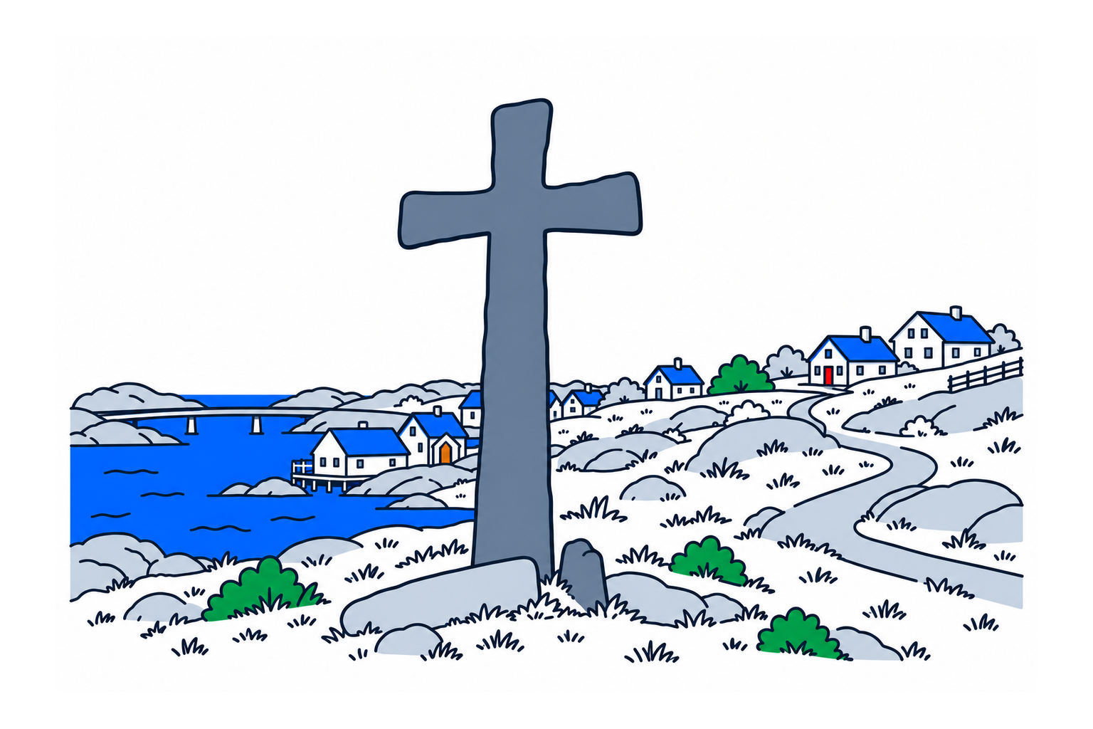 SamfunnPrep illustration of Steinkrossen på Krossøy in Kvitsøy, showing the tall simple stone cross above Leiasundet and the coastal settlement.