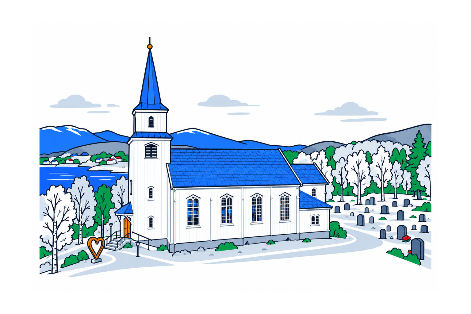 SamfunnPrep illustration of Lavangen kirke with its white timber walls and tall tower above the fjord at Soløy.