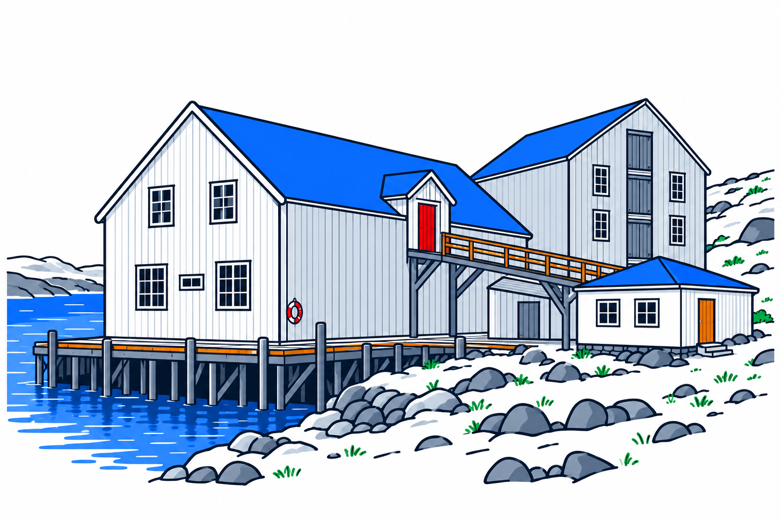 SamfunnPrep illustration of Foldalbruket's timber fish-processing buildings, taller warehouse and quay beside Kjøllefjord.