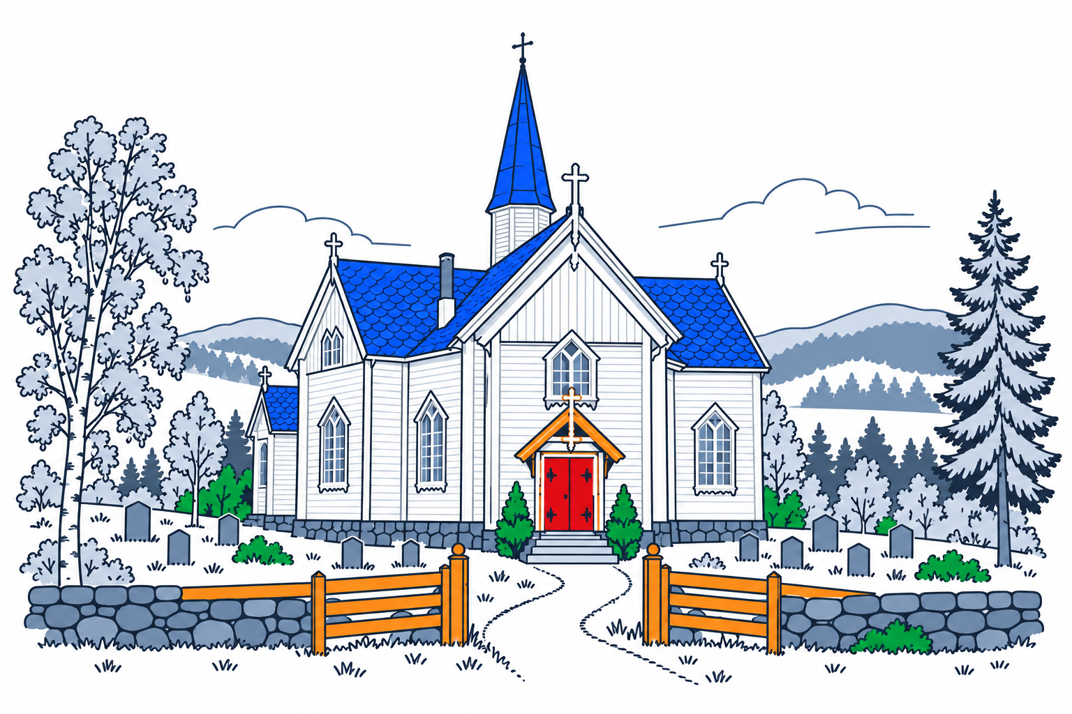 SamfunnPrep illustration of the timber Leirfjord kirke in Leland