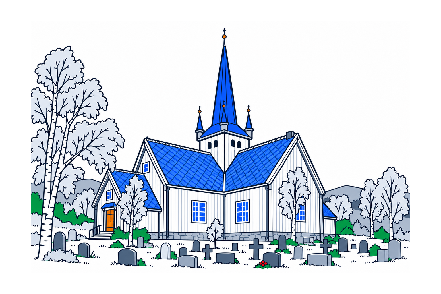 SamfunnPrep illustration: Lesja kirke, Lesja. The cruciform timber church with its central roof turret.