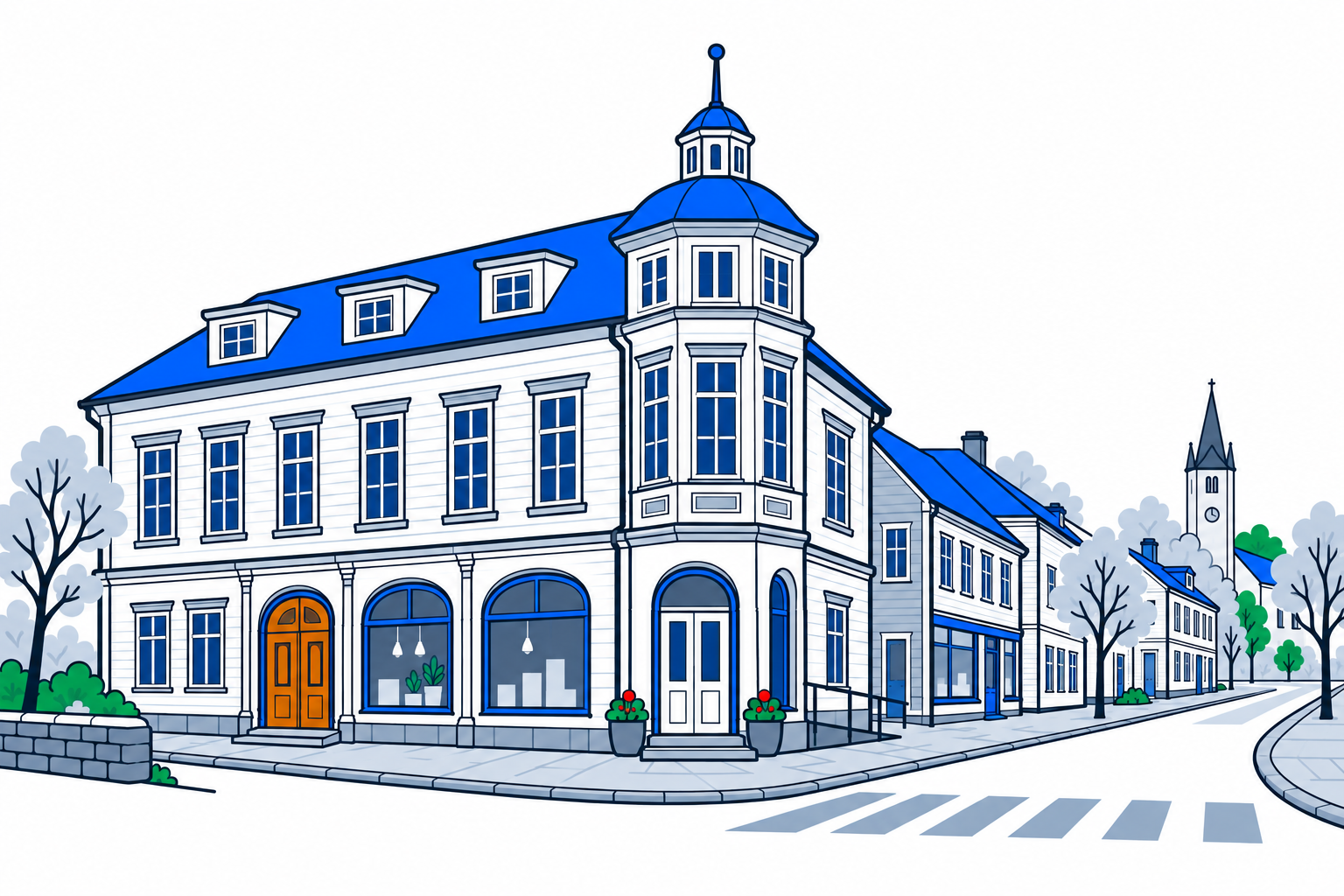 SamfunnPrep illustration of a decorated timber corner building and streets in Trehusbyen Levanger.