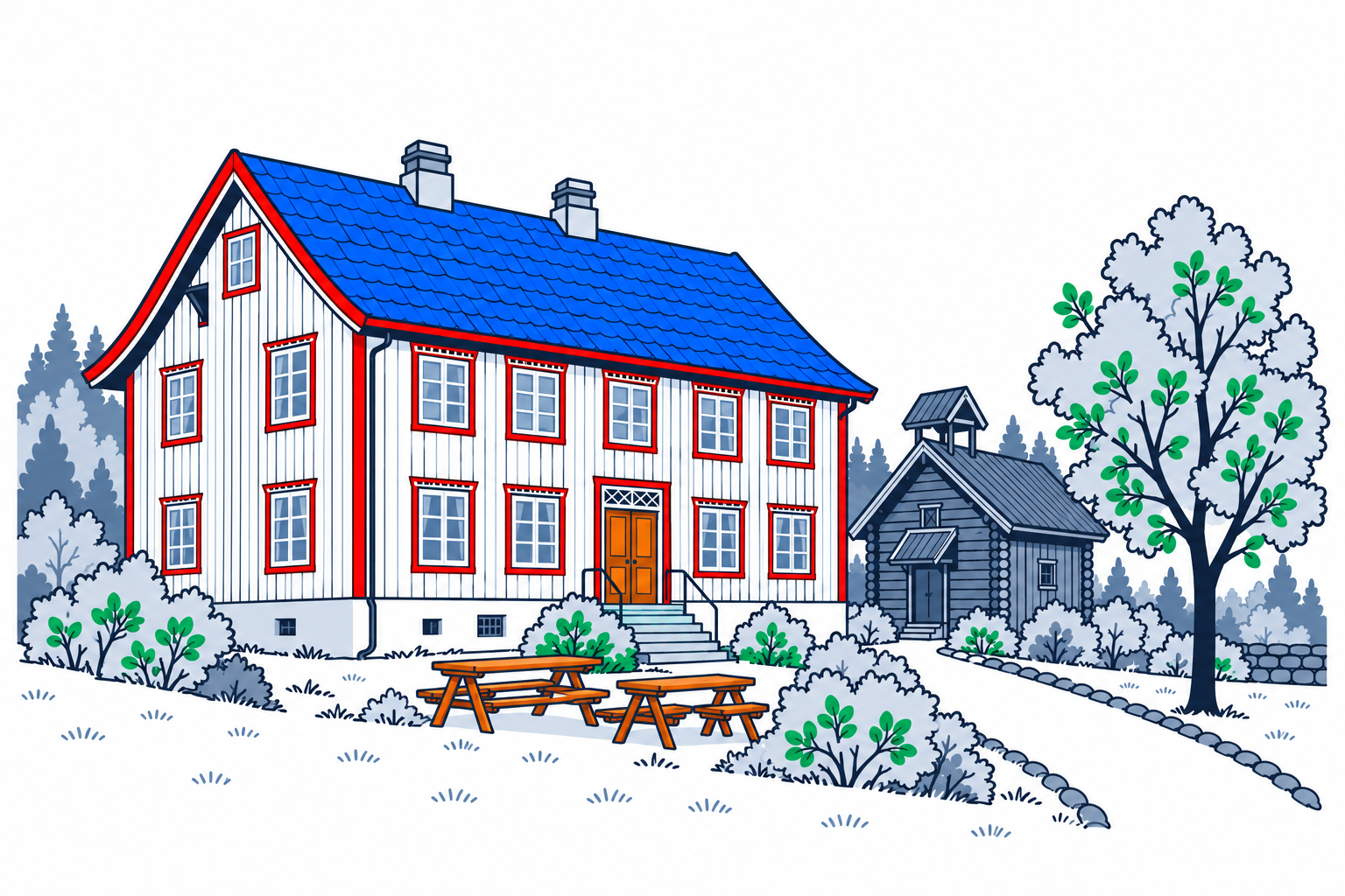 SamfunnPrep illustration: Heg gjestgiveri, Lier. The two-storey historic timber inn.