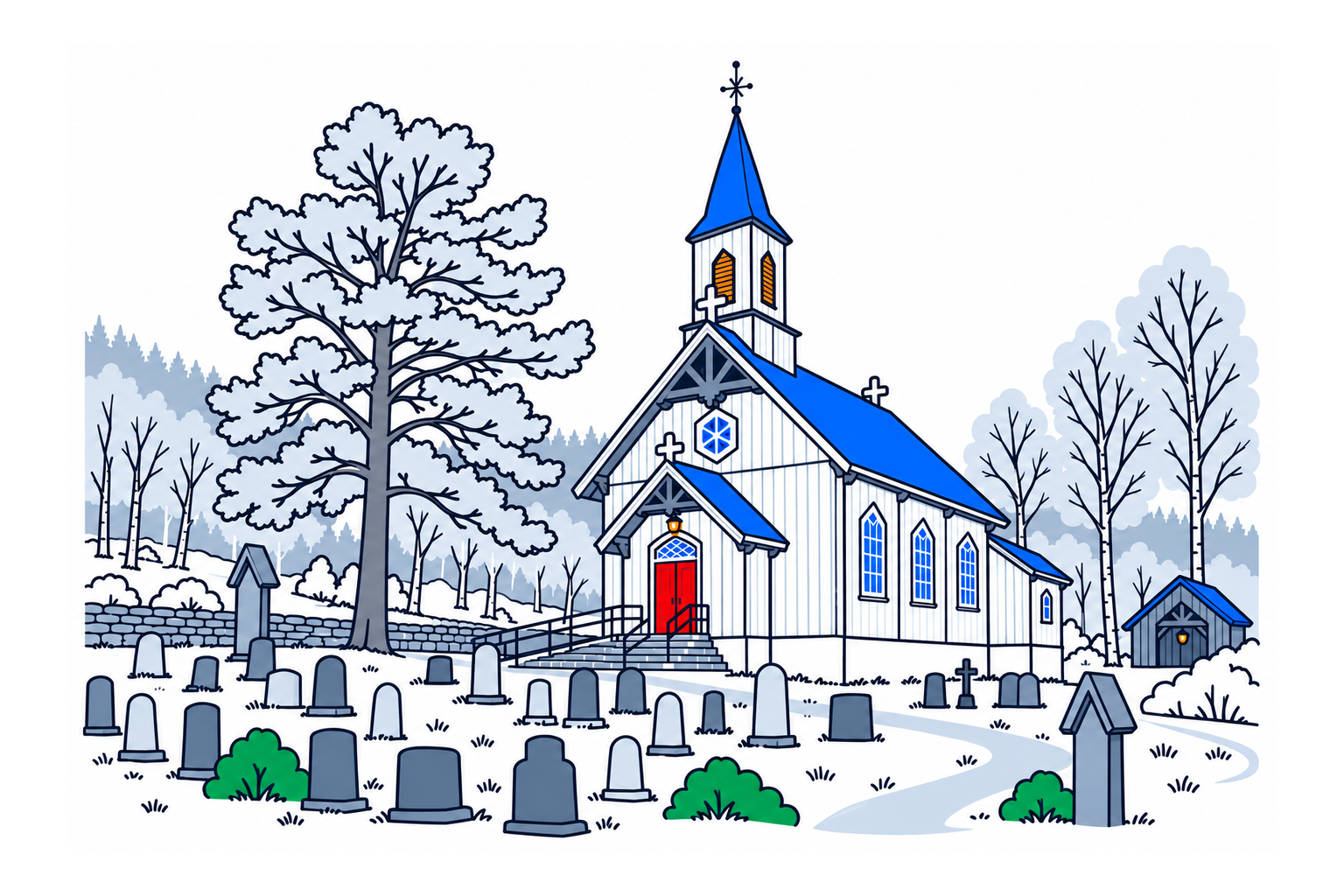 SamfunnPrep illustration of the timber Sørli kirke with its entrance porch, pointed windows and tall spire.