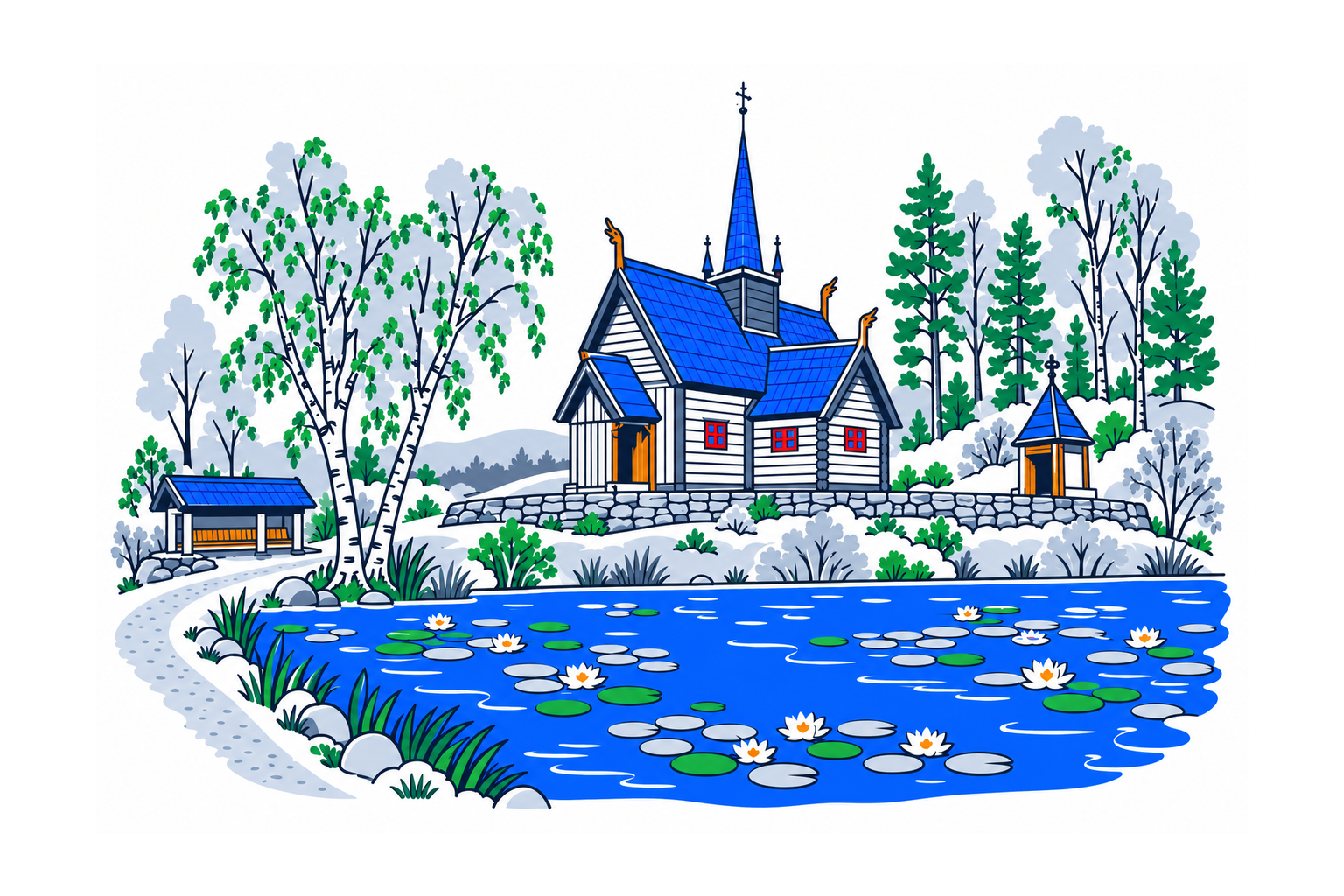 SamfunnPrep illustration: Maihaugen, Lillehammer. The museum's historic timber buildings and Garmo stave church.