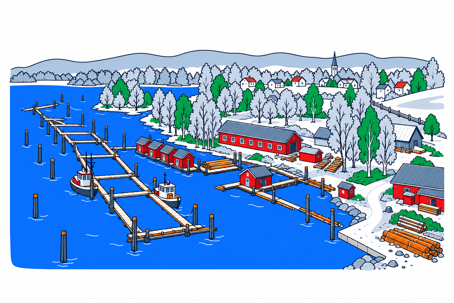 SamfunnPrep illustration: Fetsund lenser, Lillestrøm. The timber-floating structures and riverside museum buildings.