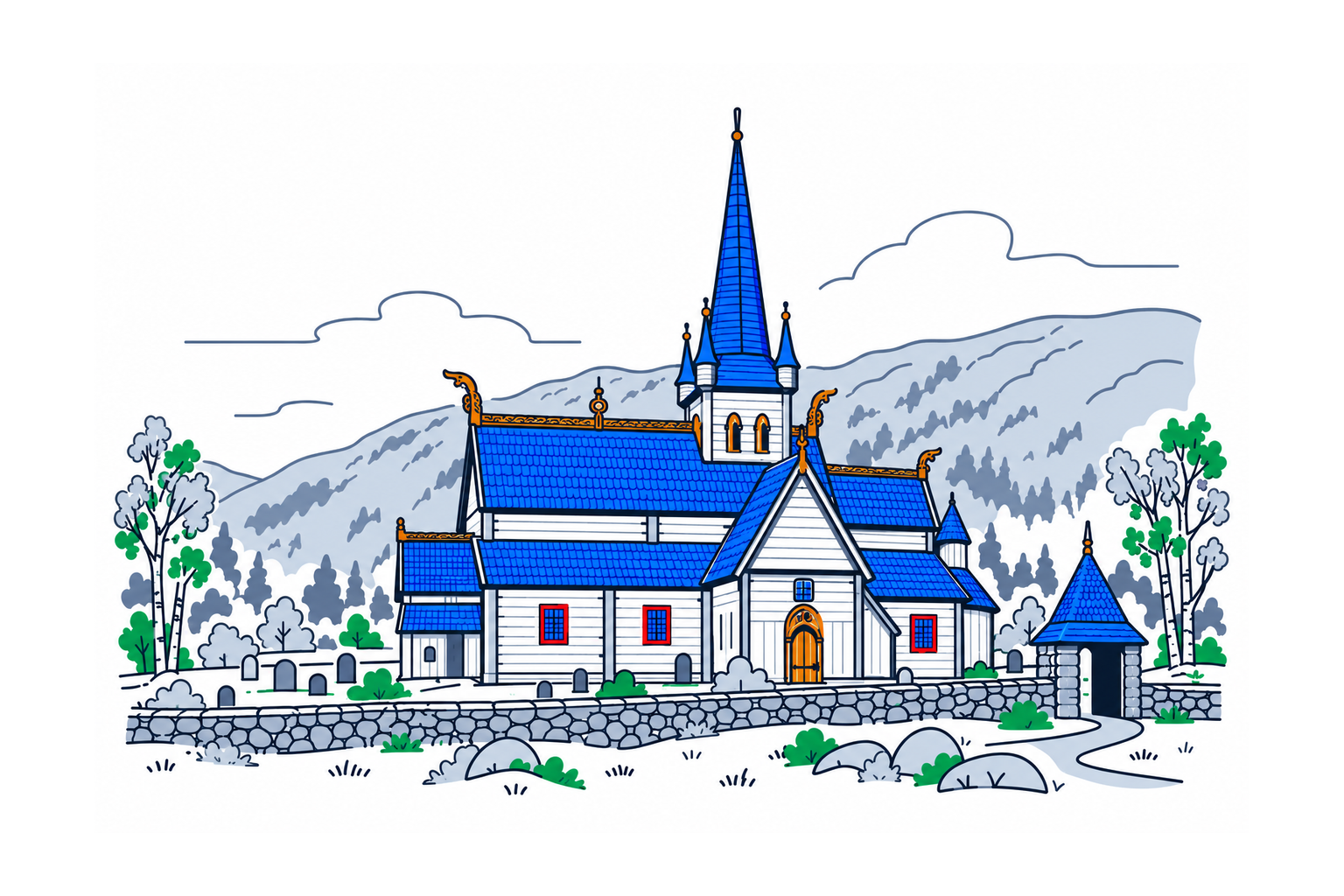 SamfunnPrep illustration: Lom stavkyrkje, Lom. The tall stave church with layered roofs and carved dragon heads.