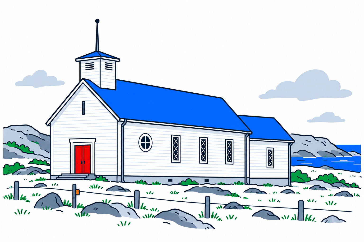SamfunnPrep illustration of the compact white timber Loppa kirke, its low entrance tower and lower chancel on Loppa island.