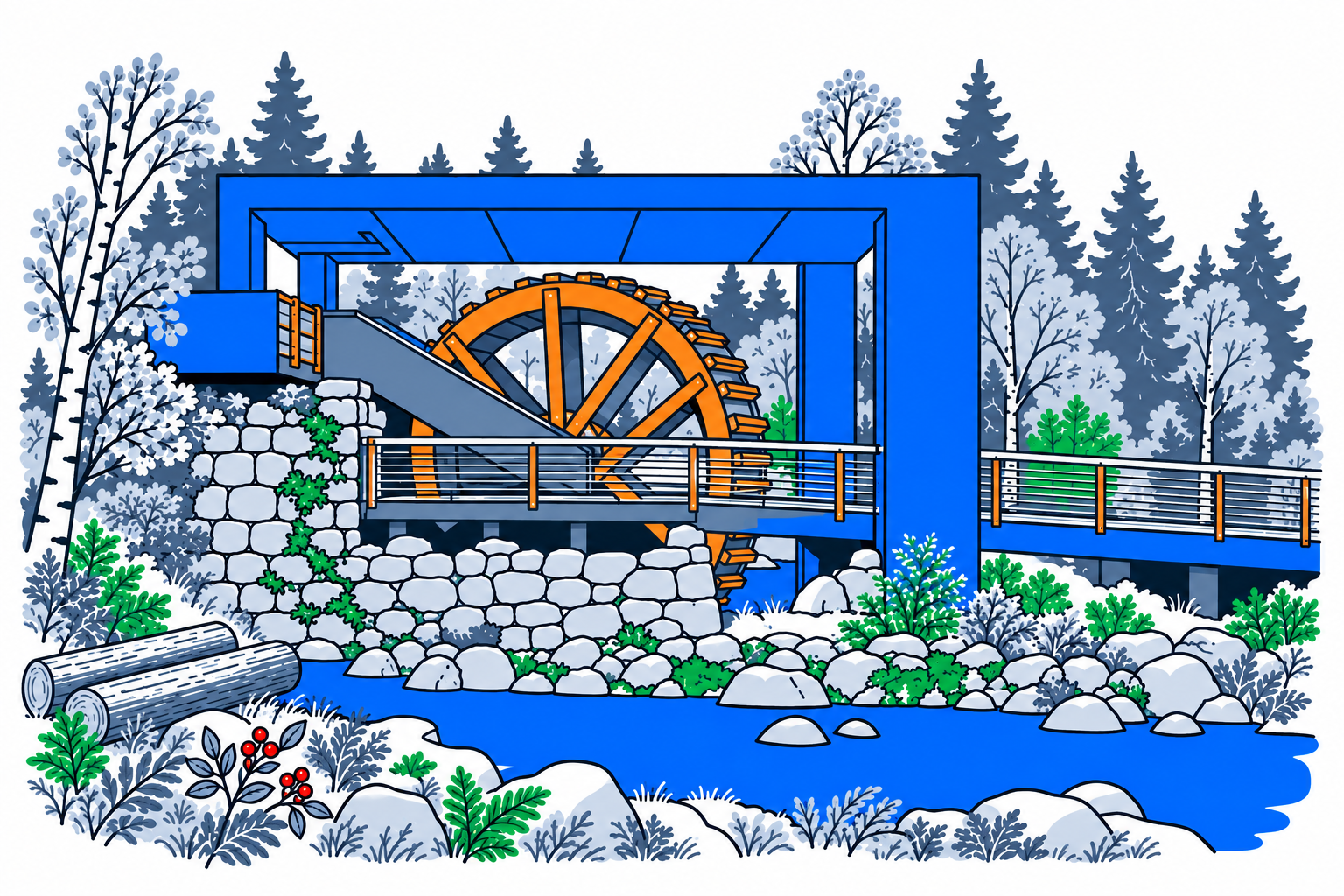 SamfunnPrep illustration: Vasshjulet i Losby, Lørenskog. The large wooden waterwheel beside the Losby river.