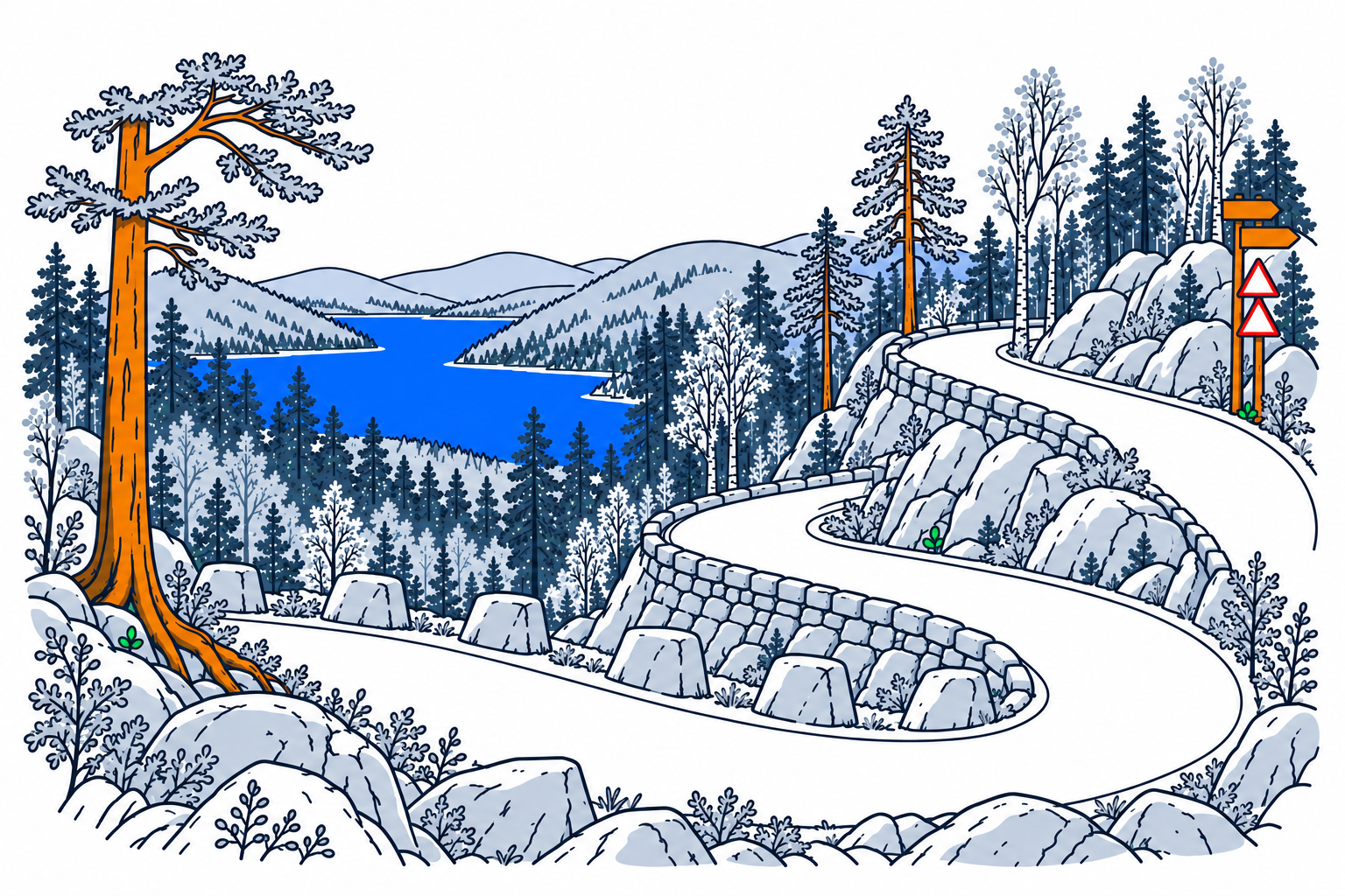 SamfunnPrep illustration of Tronåsen in Lund, showing a narrow historic road bending sharply through a steep wooded hillside.