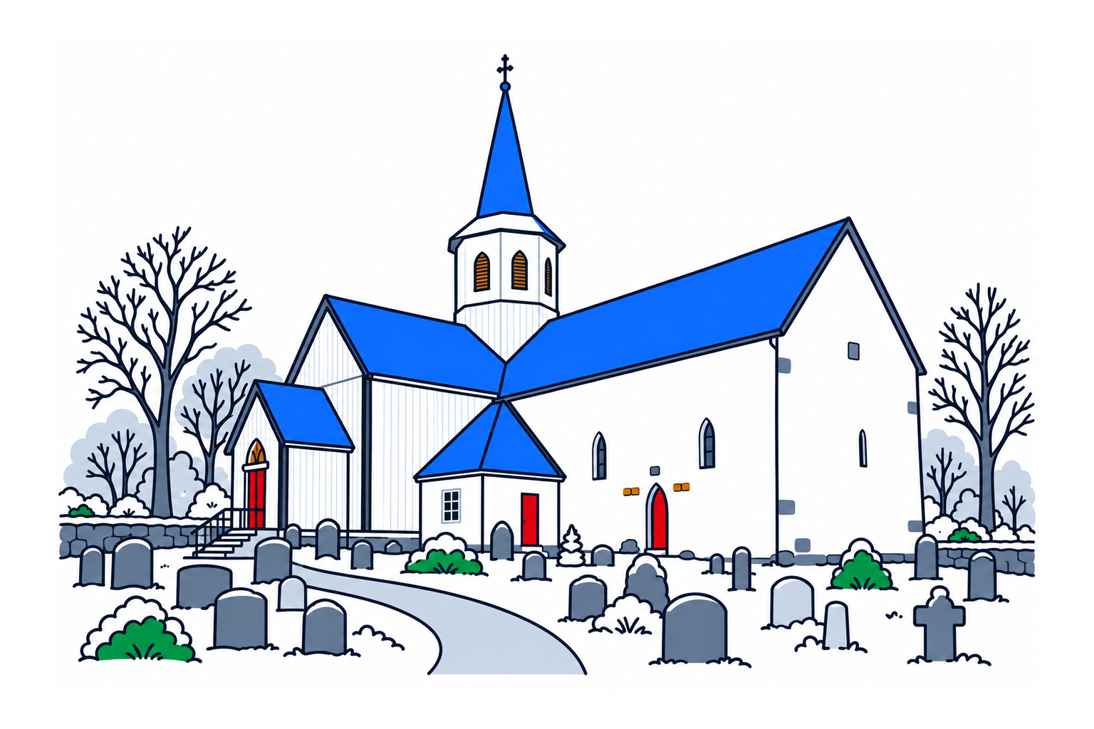 SamfunnPrep illustration: Lunner kirke, Lunner. The church's medieval stone part and later timber additions.