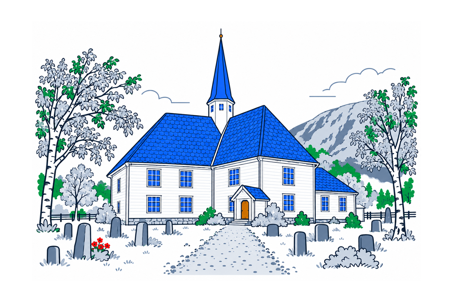 SamfunnPrep illustration of the timber Lurøy kirke and its crossing tower