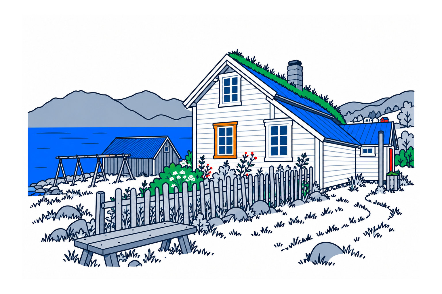 SamfunnPrep illustration of the historic house, garden and shoreline buildings at Gamslett fiskarbondegård in Lyngen.