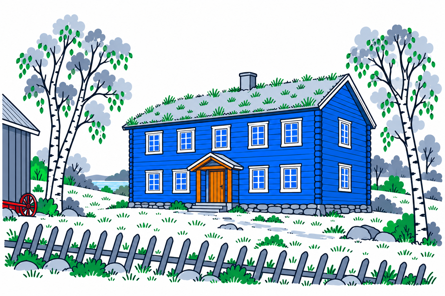 SamfunnPrep illustration of the two-storey timber Fossmostua and historic farm setting at Fossmotunet in Målselv.