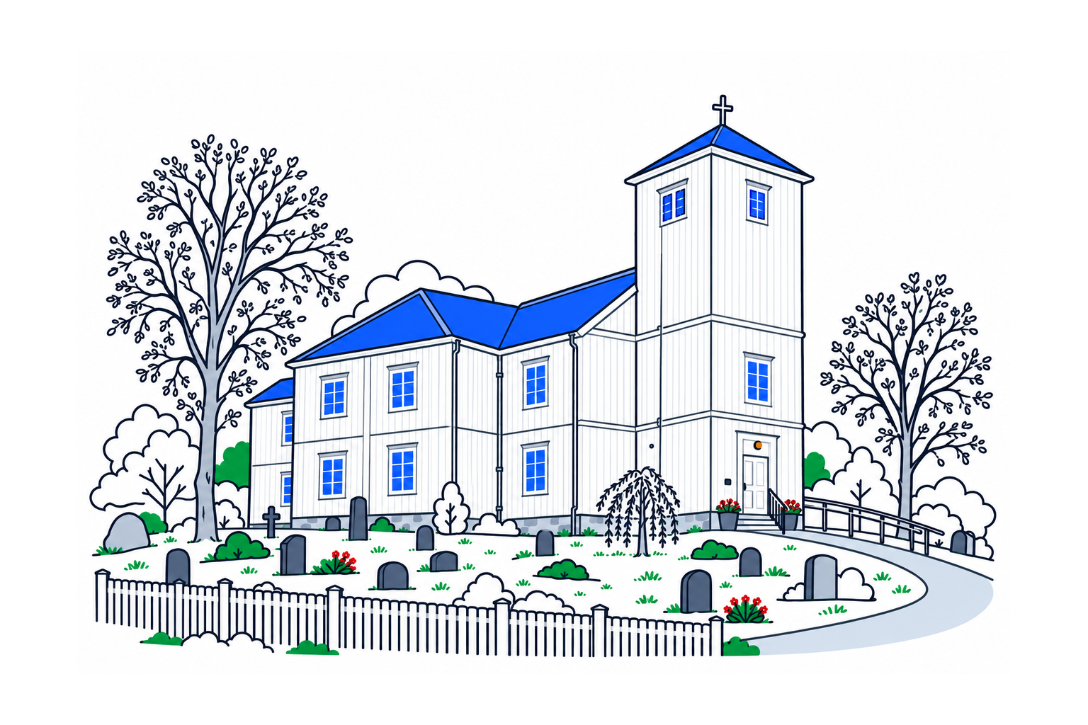 SamfunnPrep illustration of the white timber Malvik kirke and its square tower.