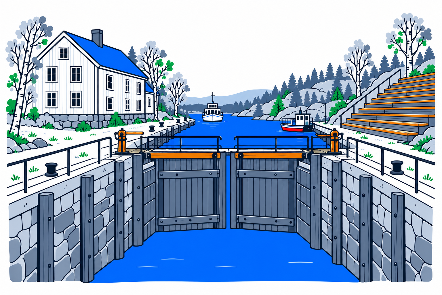 SamfunnPrep illustration: Ørje sluser, Marker. The historic canal chambers and nearby service buildings.