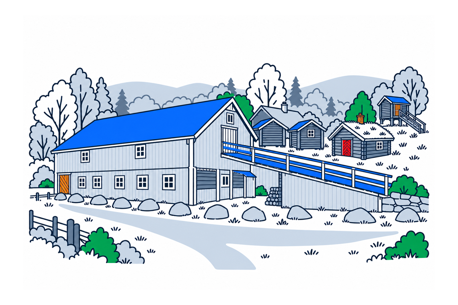 SamfunnPrep illustration of the timber buildings and sloping farmyard at Horg bygdetun.