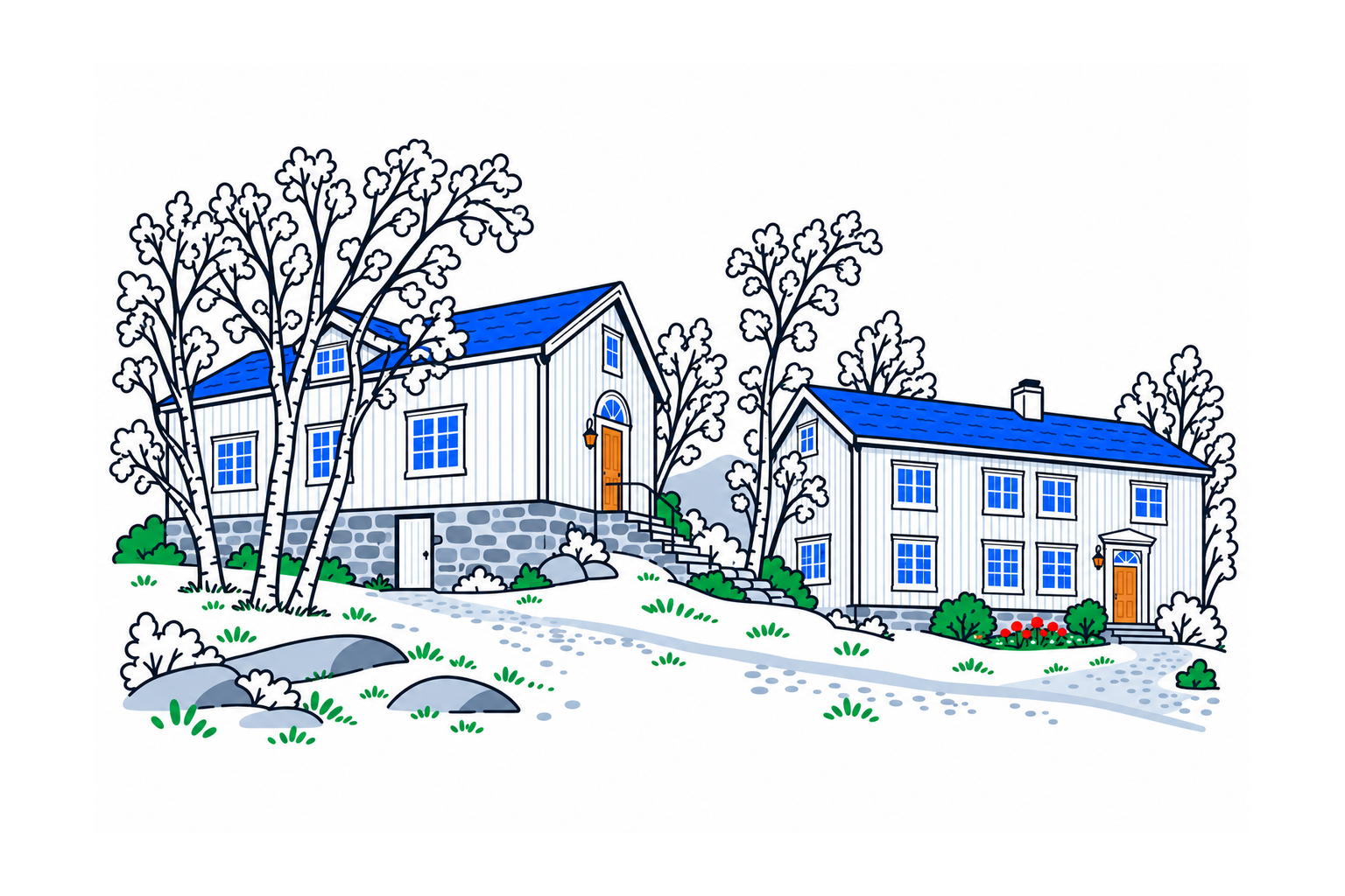 SamfunnPrep illustration of Ørnes gamle handelssted’s historic buildings in Meløy