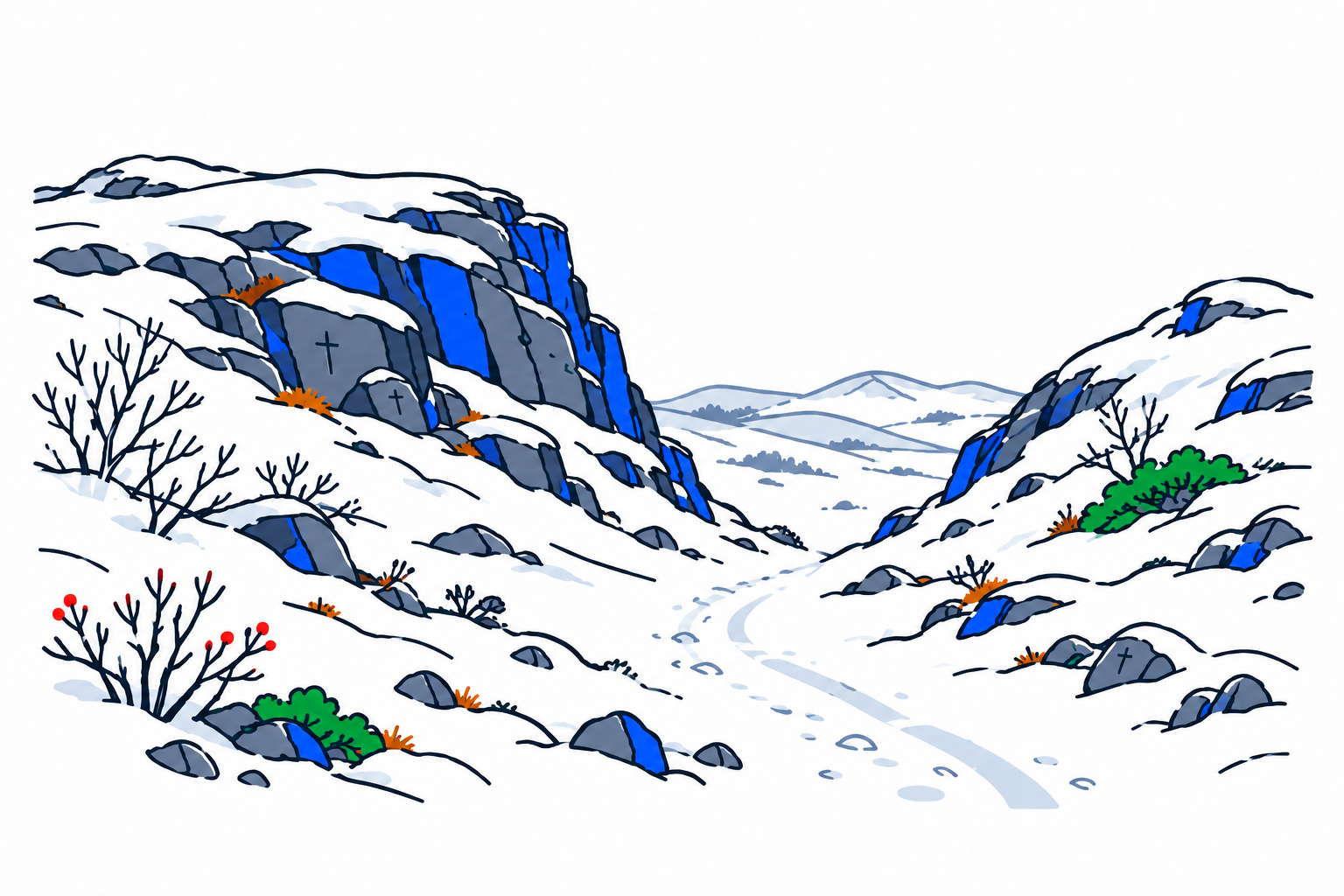 SamfunnPrep illustration of the rocky mountain passage and landscape at Skurdalsporten.