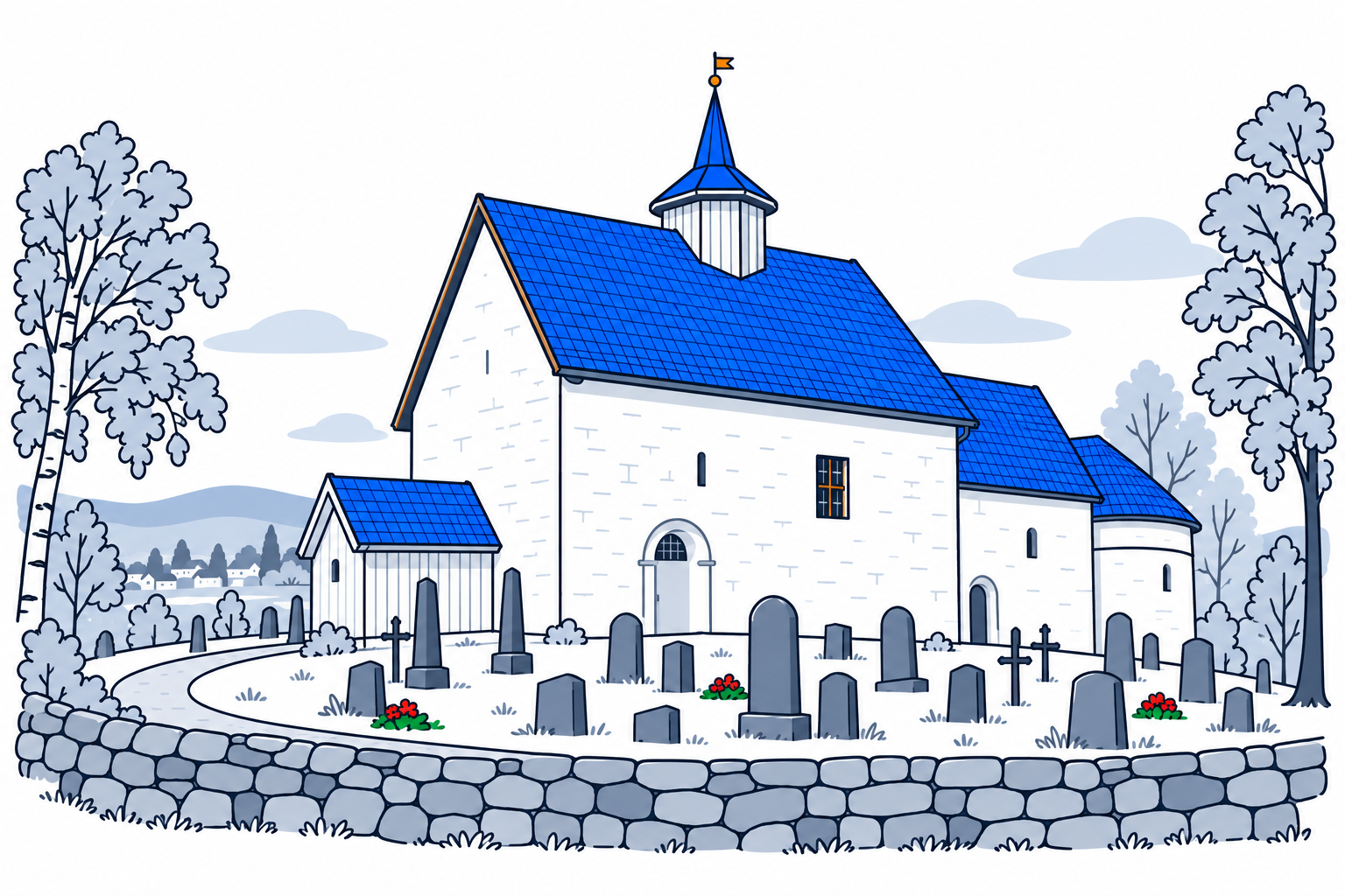 SamfunnPrep illustration: Bø gamle kyrkje, Midt-Telemark. A compact medieval stone church with a rounded eastern end.