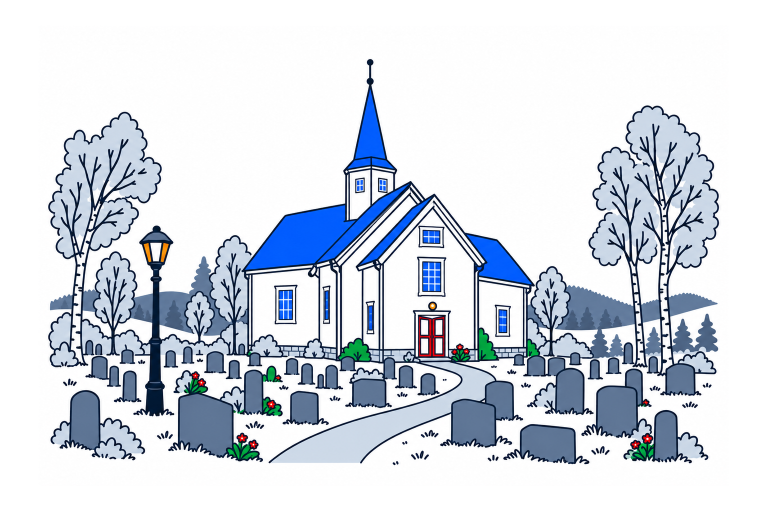 SamfunnPrep illustration of the timber Budal kirke, its roof turret and surrounding churchyard.