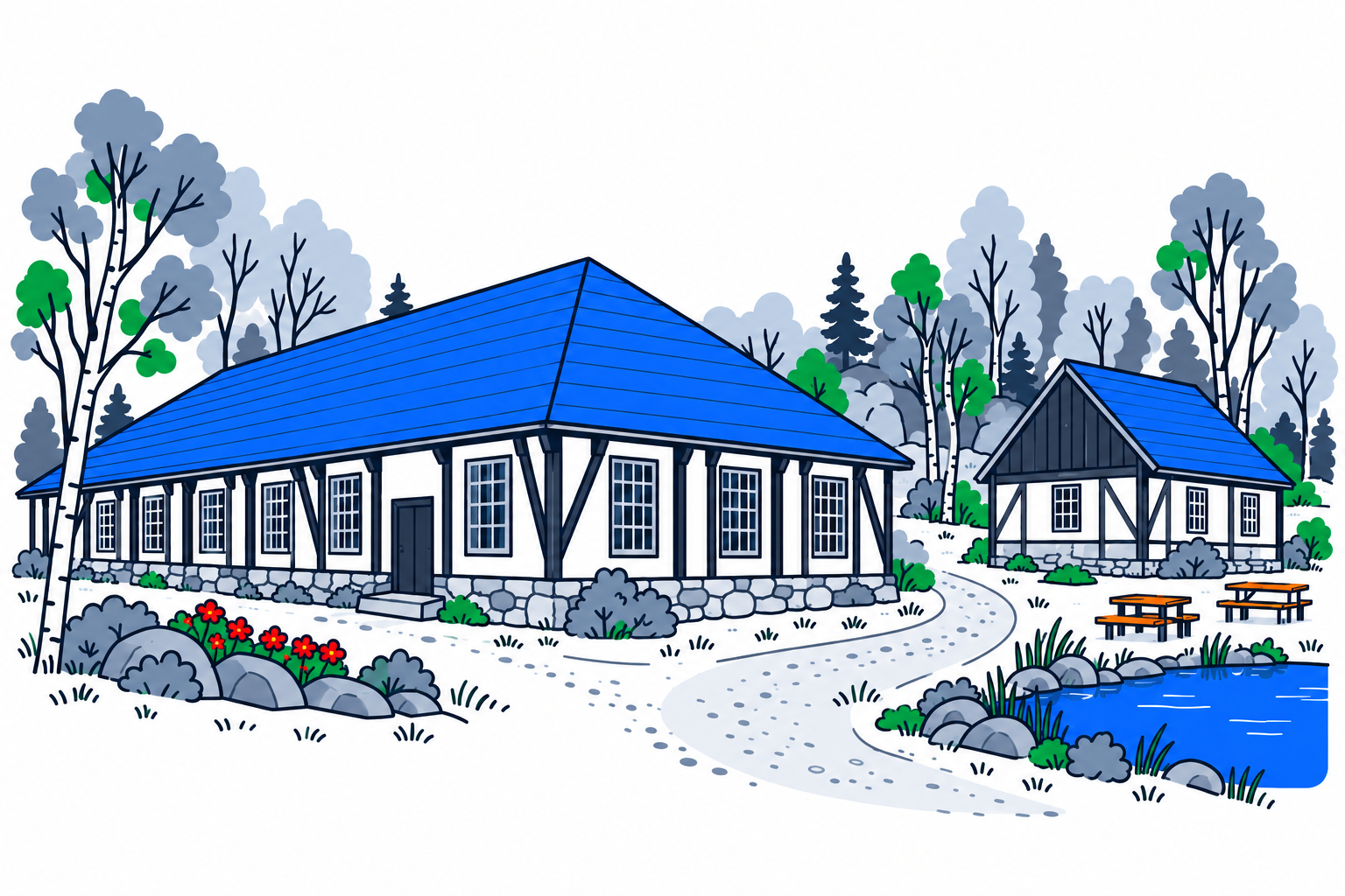 SamfunnPrep illustration: Blaafarveværket, Modum. The historic cobalt-works buildings near Haugfossen.