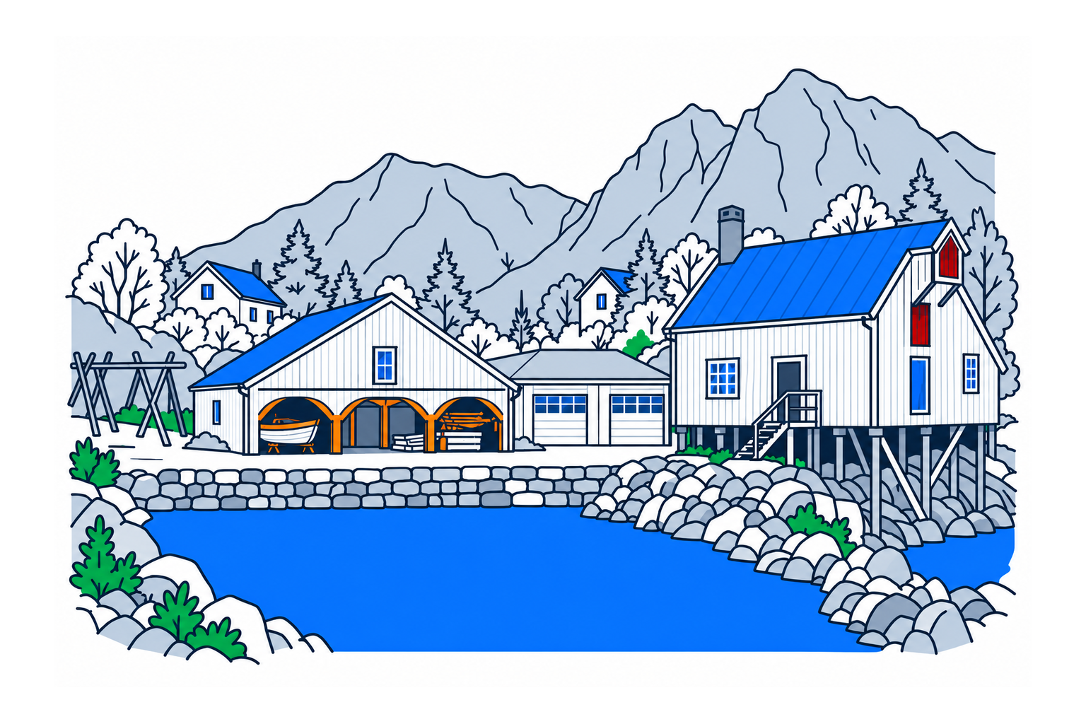 SamfunnPrep illustration of Norsk Fiskeværsmuseum’s historic buildings at Å