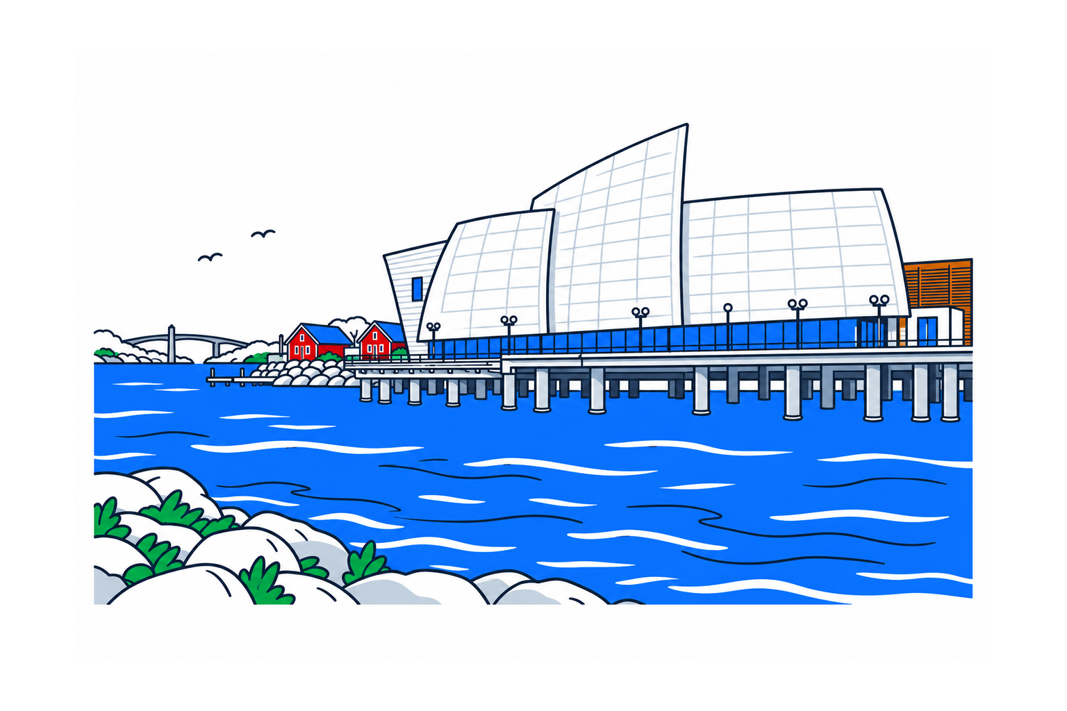 SamfunnPrep illustration of NORVEG's three sail-like waterfront forms and nearby timber wharf buildings.