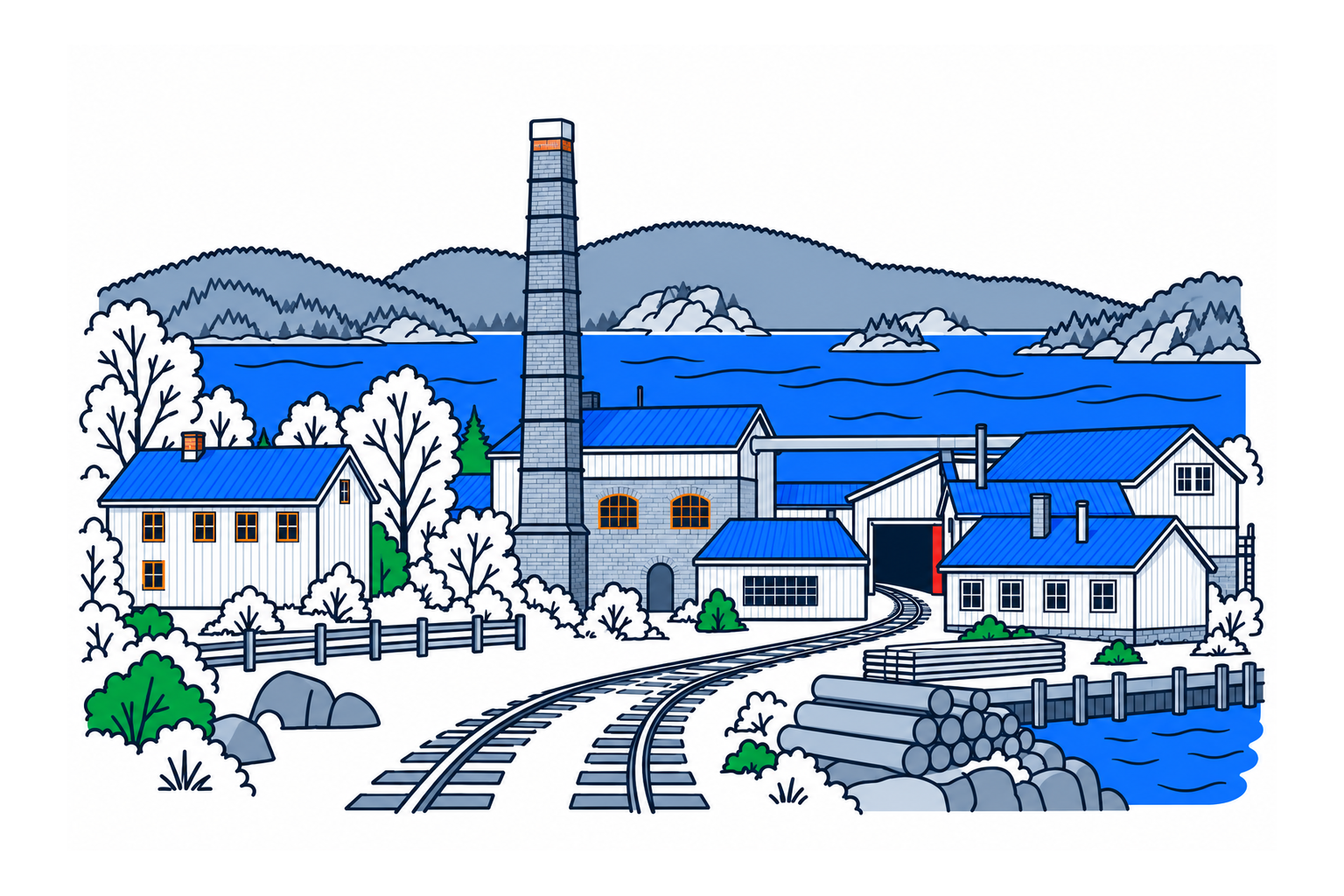 SamfunnPrep illustration of Norsk sagbruksmuseum’s historic industrial buildings