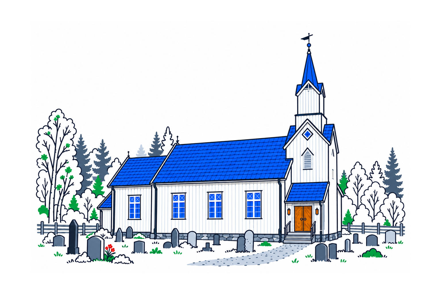SamfunnPrep illustration of the white timber Trones kirke with its tall narrow spire.
