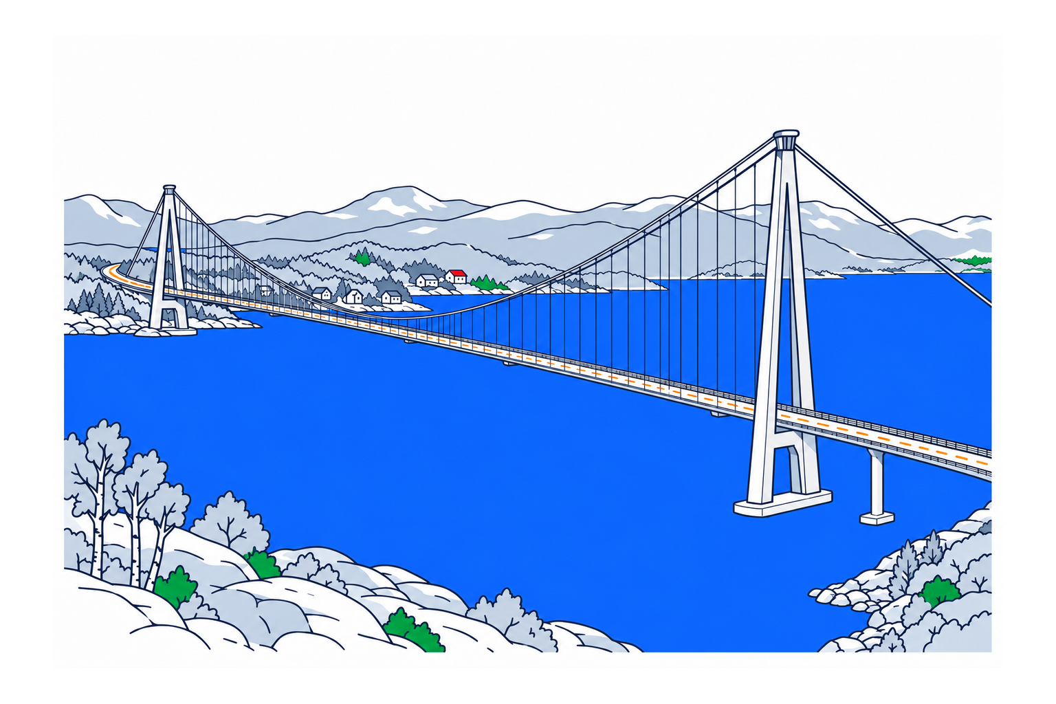 SamfunnPrep illustration of Hålogalandsbrua's suspension cables and A-shaped towers across the fjord near Narvik.