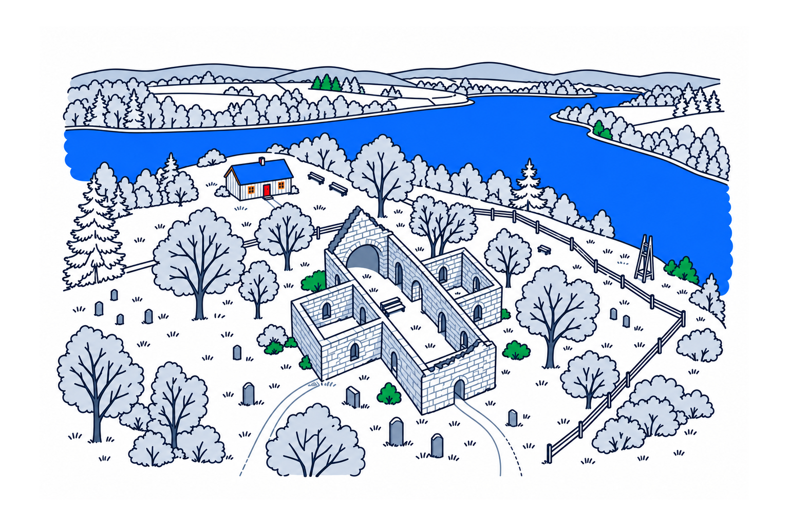 SamfunnPrep illustration: Nes kirkeruin, Nes. The roofless stone church walls at the river confluence.