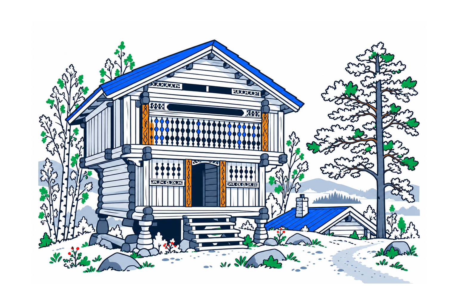 SamfunnPrep illustration: Hallingdal Museum Nesbyen, Nesbyen. The historic timber buildings of the open-air museum.