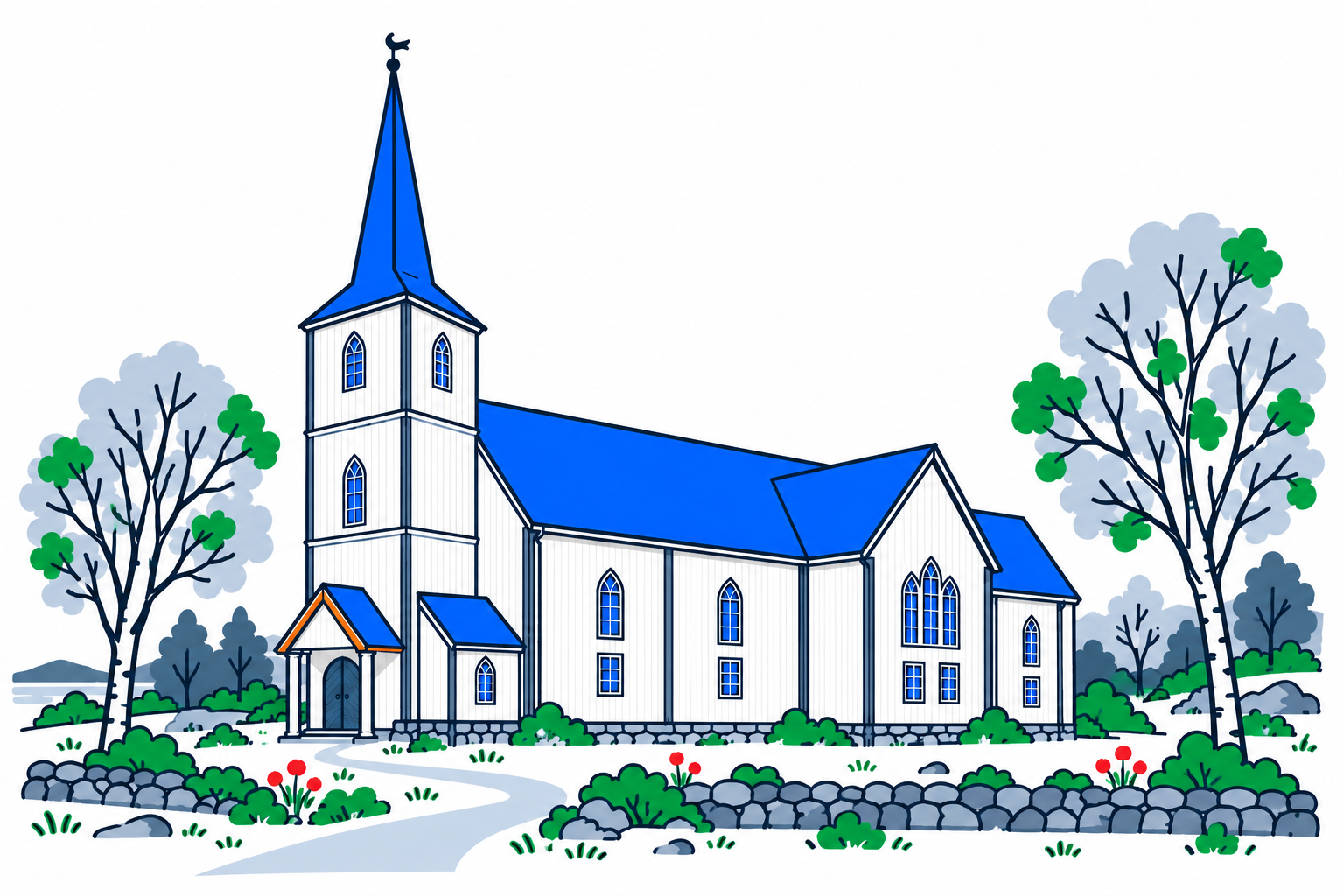 SamfunnPrep illustration of Gothic Revival Nesna kirke in Nesna