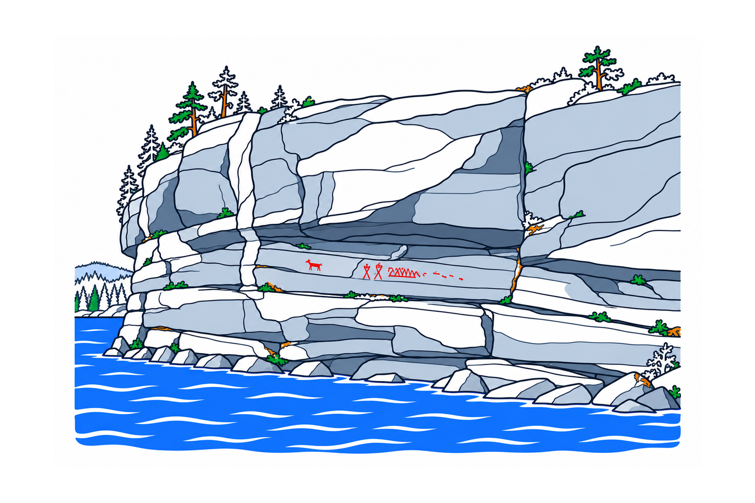 SamfunnPrep illustration: Hellemalingen ved Trontveit, Nissedal. A steep lakeside rock face bearing faint prehistoric paintings.