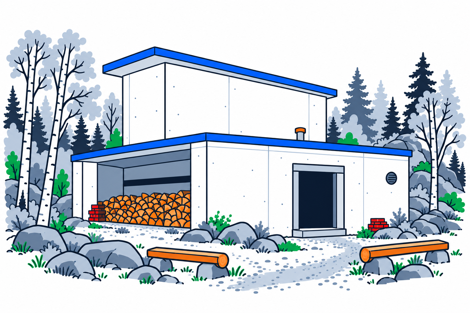 SamfunnPrep illustration: Nitedals Krudtværk, Nittedal. The surviving powder-works buildings in the wooded valley.
