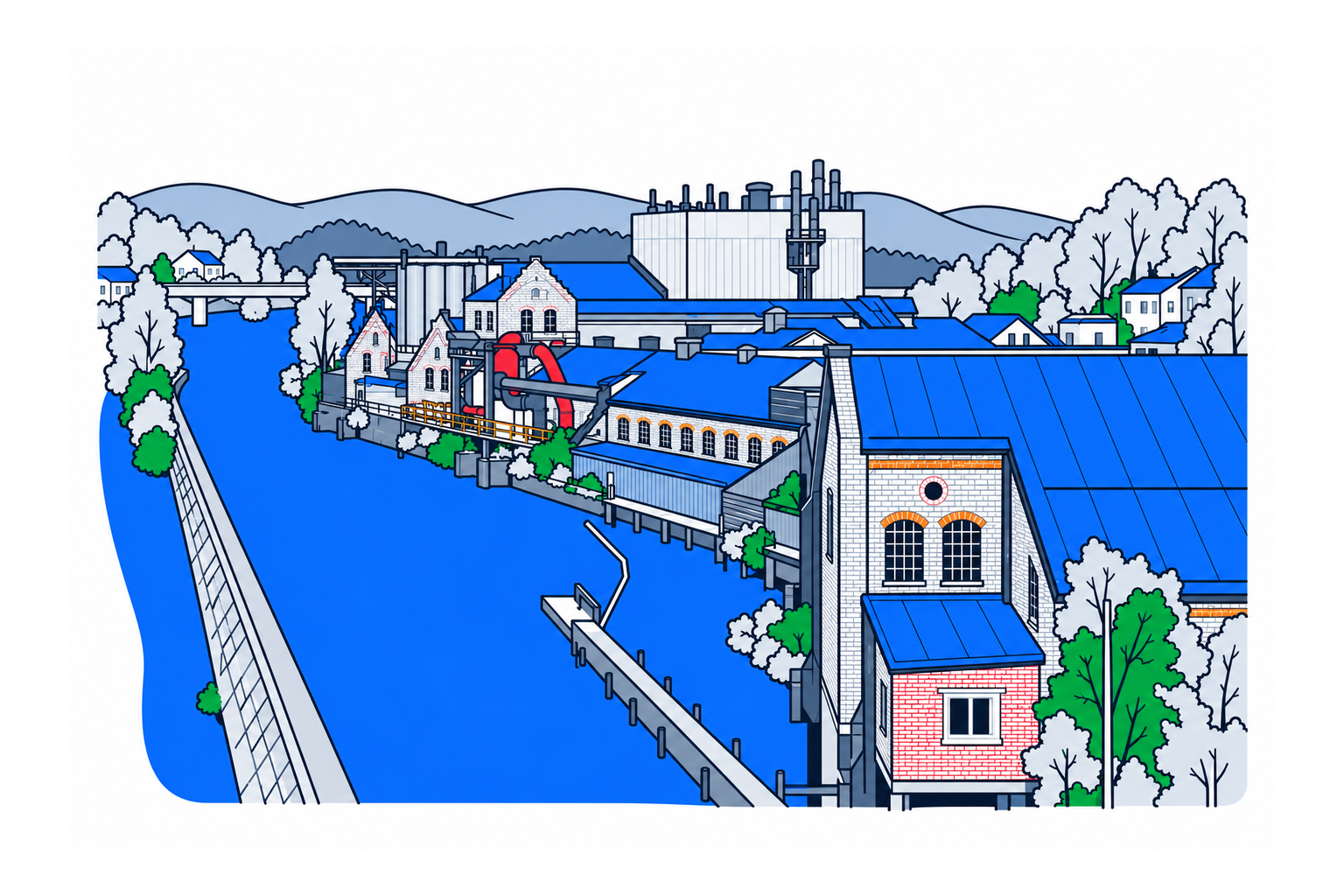 SamfunnPrep illustration: Ulefos Jernværk, Nome. Historic ironworks buildings in the industrial settlement.