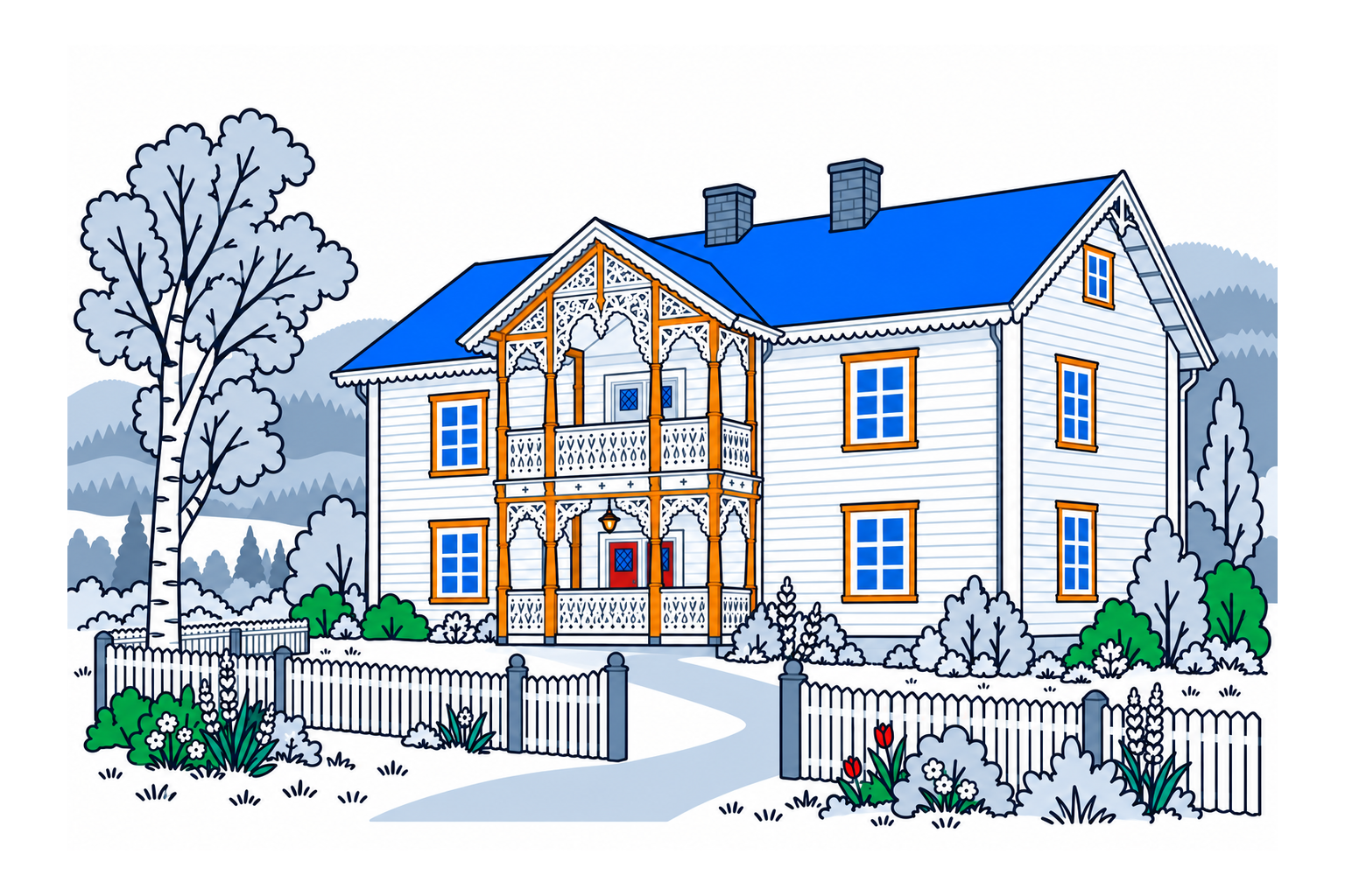 SamfunnPrep illustration: Frydenlund skysstasjon, Nord-Aurdal. A historic Swiss-style roadside house.