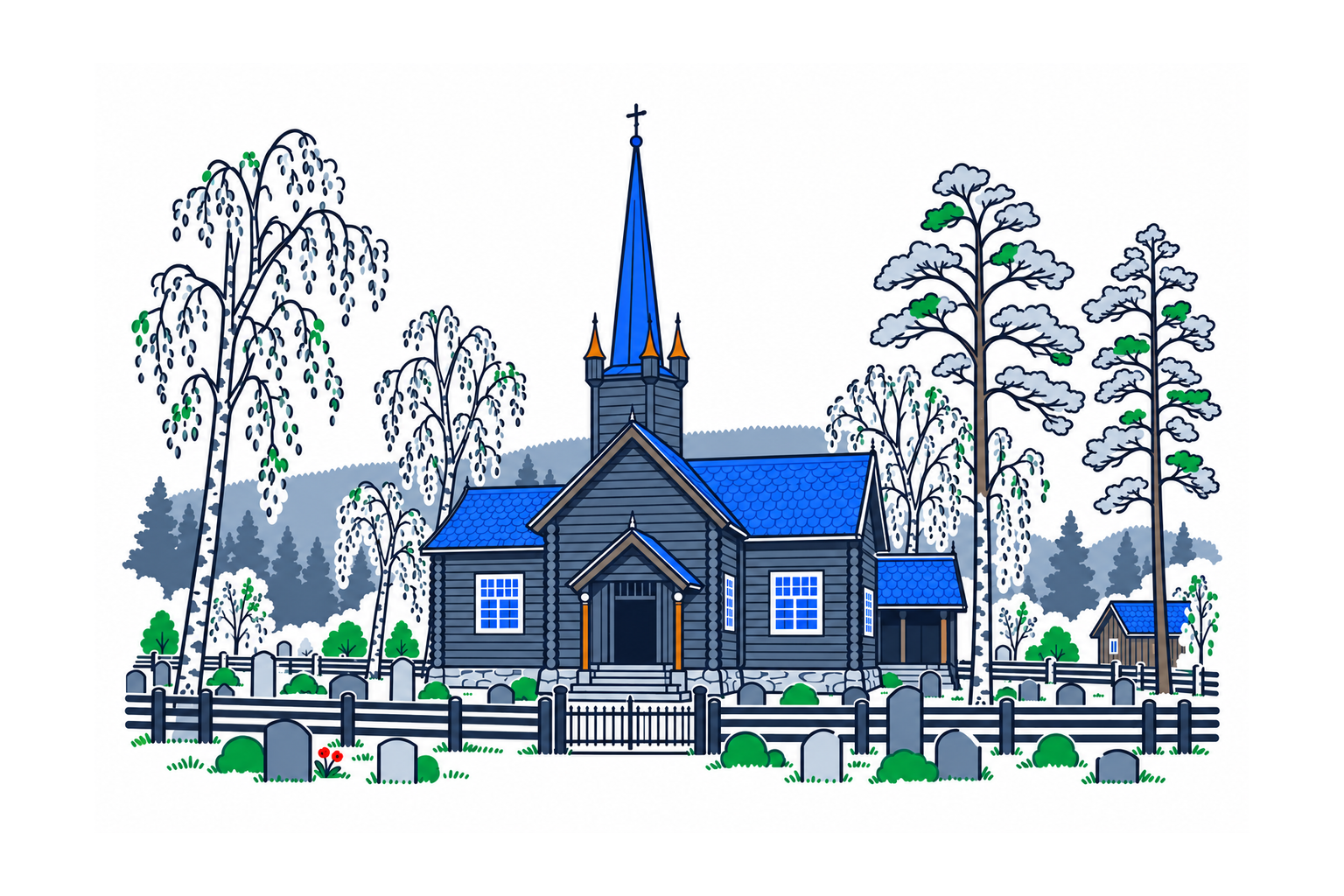 SamfunnPrep illustration: Sødorp kirke, Nord-Fron. The timber church with its tower features and separate bell structure.