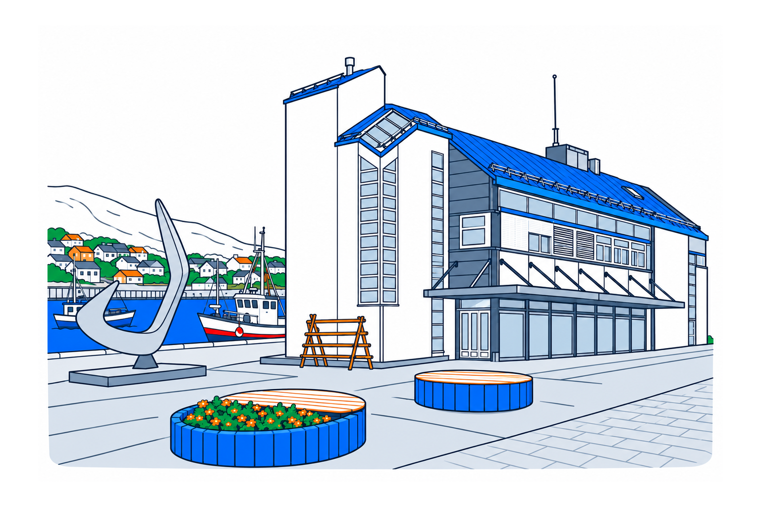 SamfunnPrep illustration of Nordkappmuseet at Holmen 1, with its long blue roof, white end wall and harbour setting in Honningsvåg.